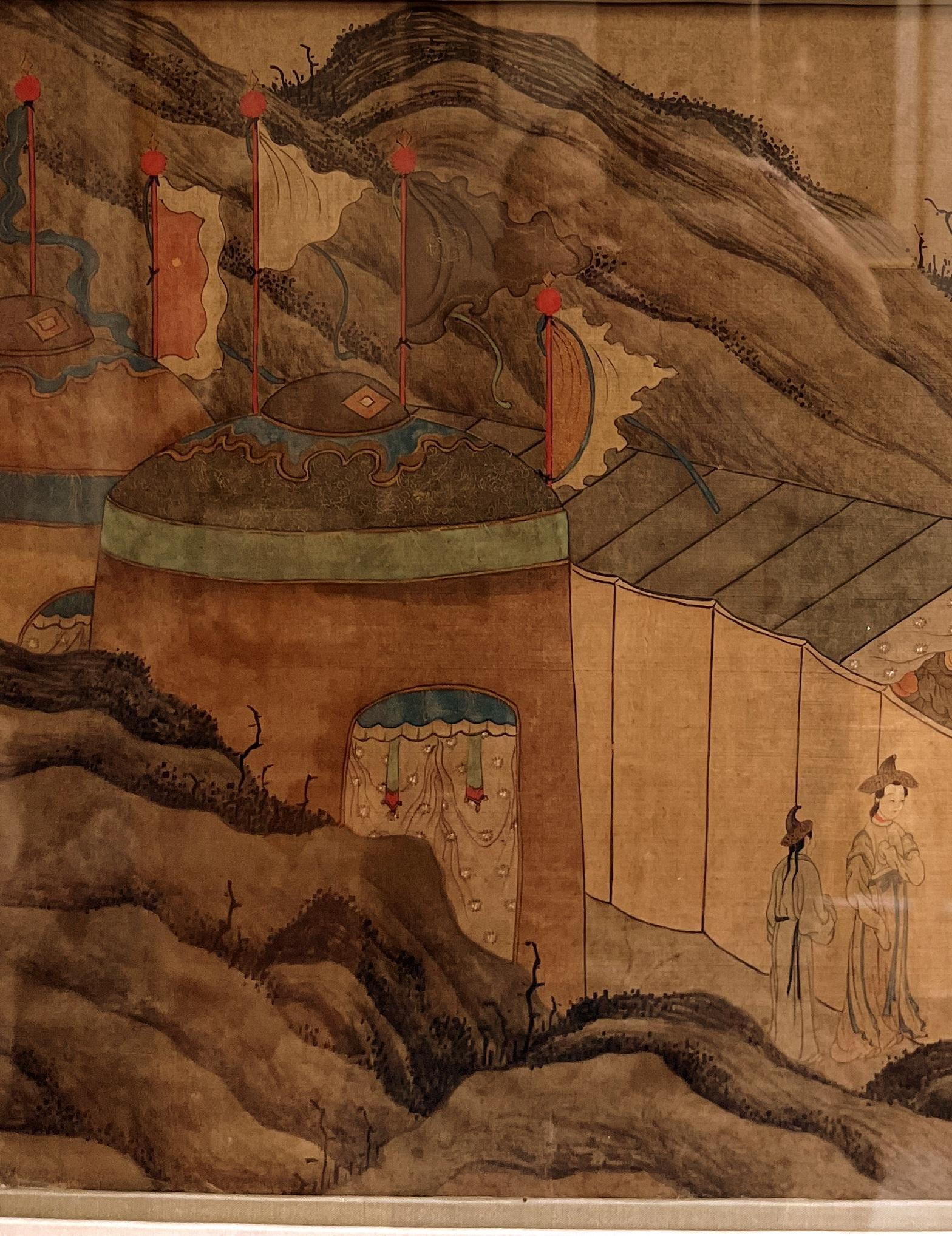 Silk Framed Chinese Paintings of Northern Asian Nomadic Ethnic Group Livings For Sale