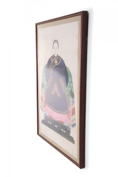 Framed Chinese Pen and Ink Ancestor Portrait in Navy