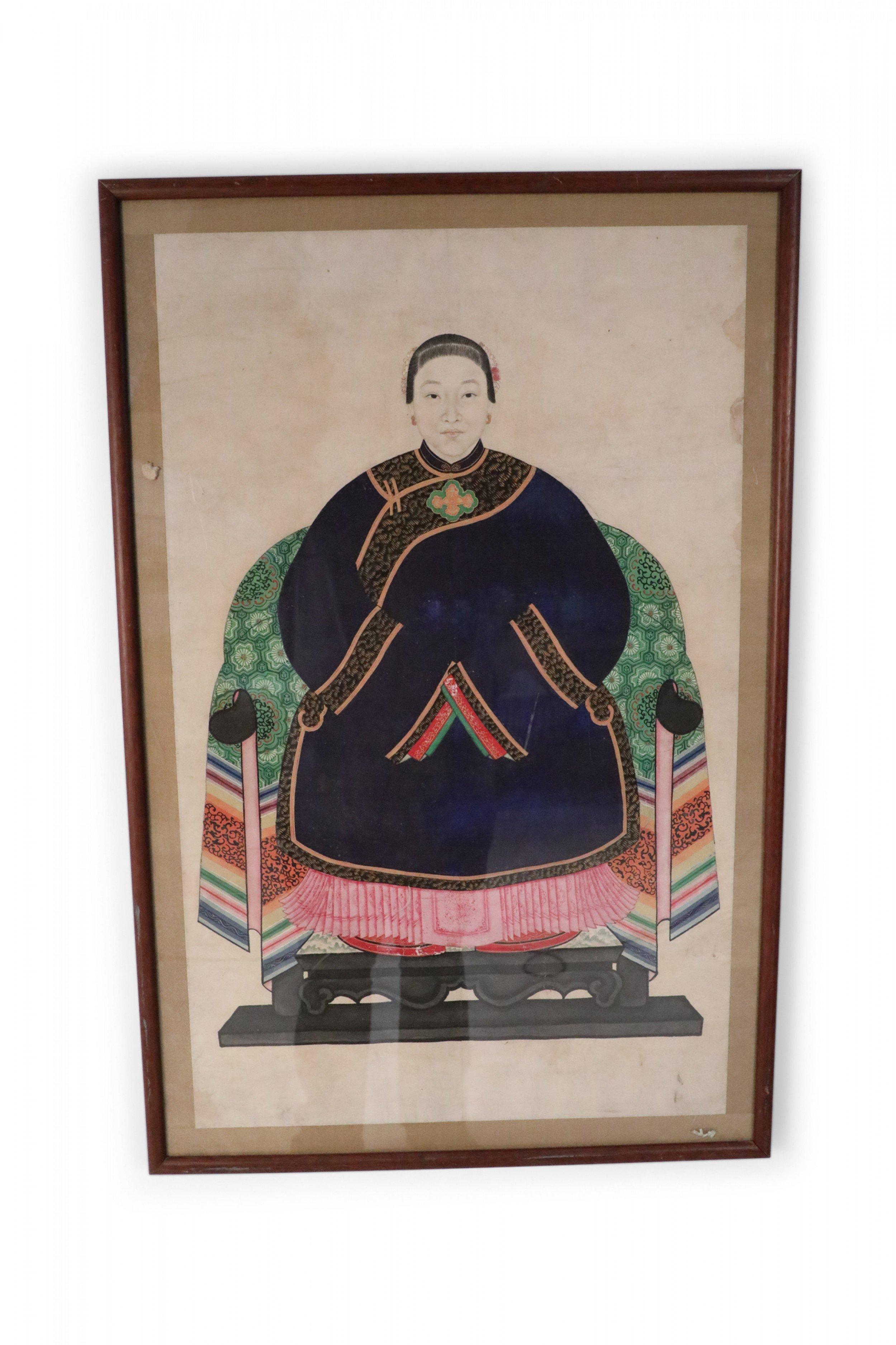 Framed Chinese Pen and Ink Ancestor Portrait in Navy In Good Condition For Sale In New York, NY