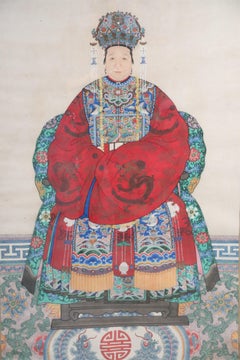 Framed Chinese Pen and Ink Ancestor Portrait in Red Dress