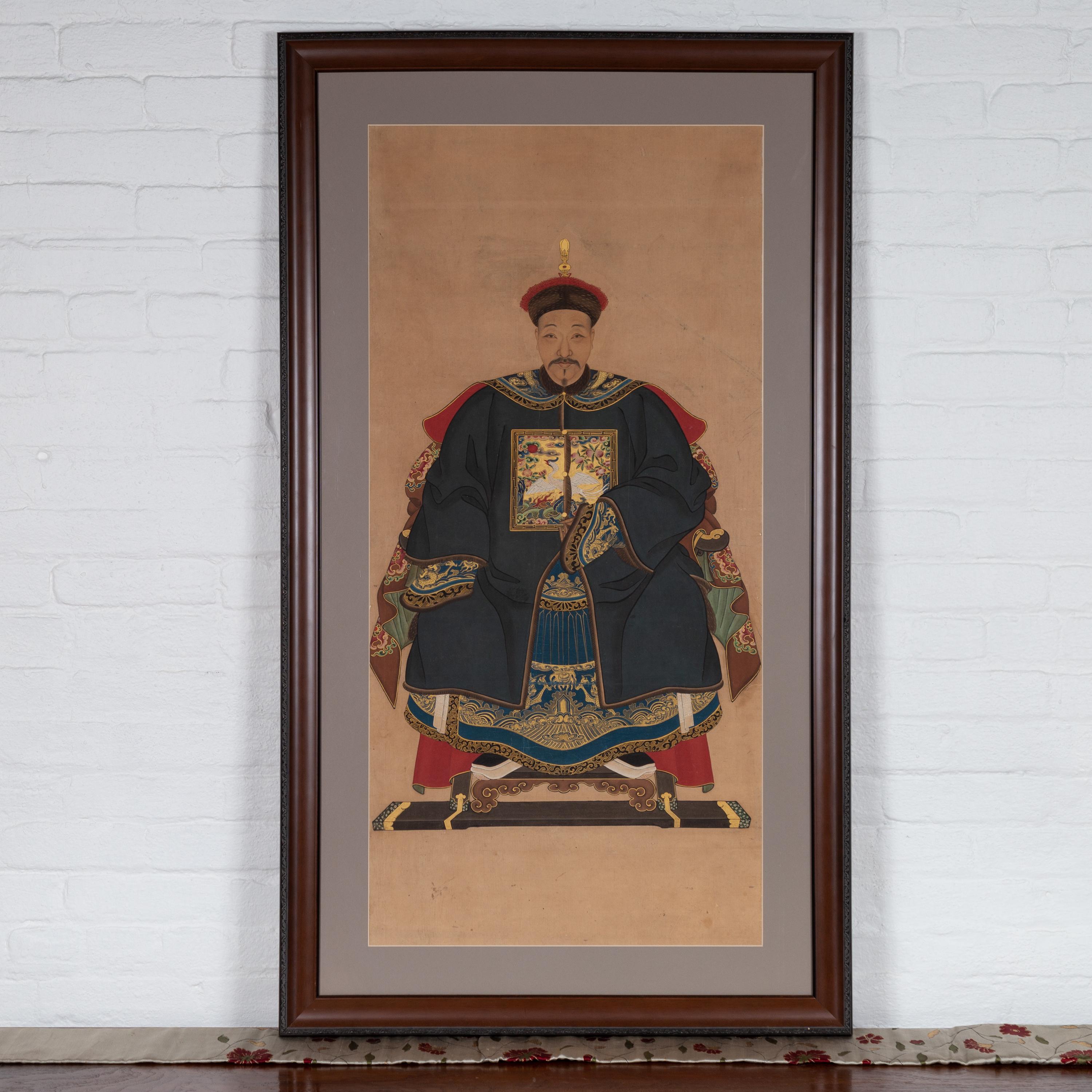 Hand-Painted Framed Chinese Qing Dynasty Ancestral Patriarch Portrait, circa 1900