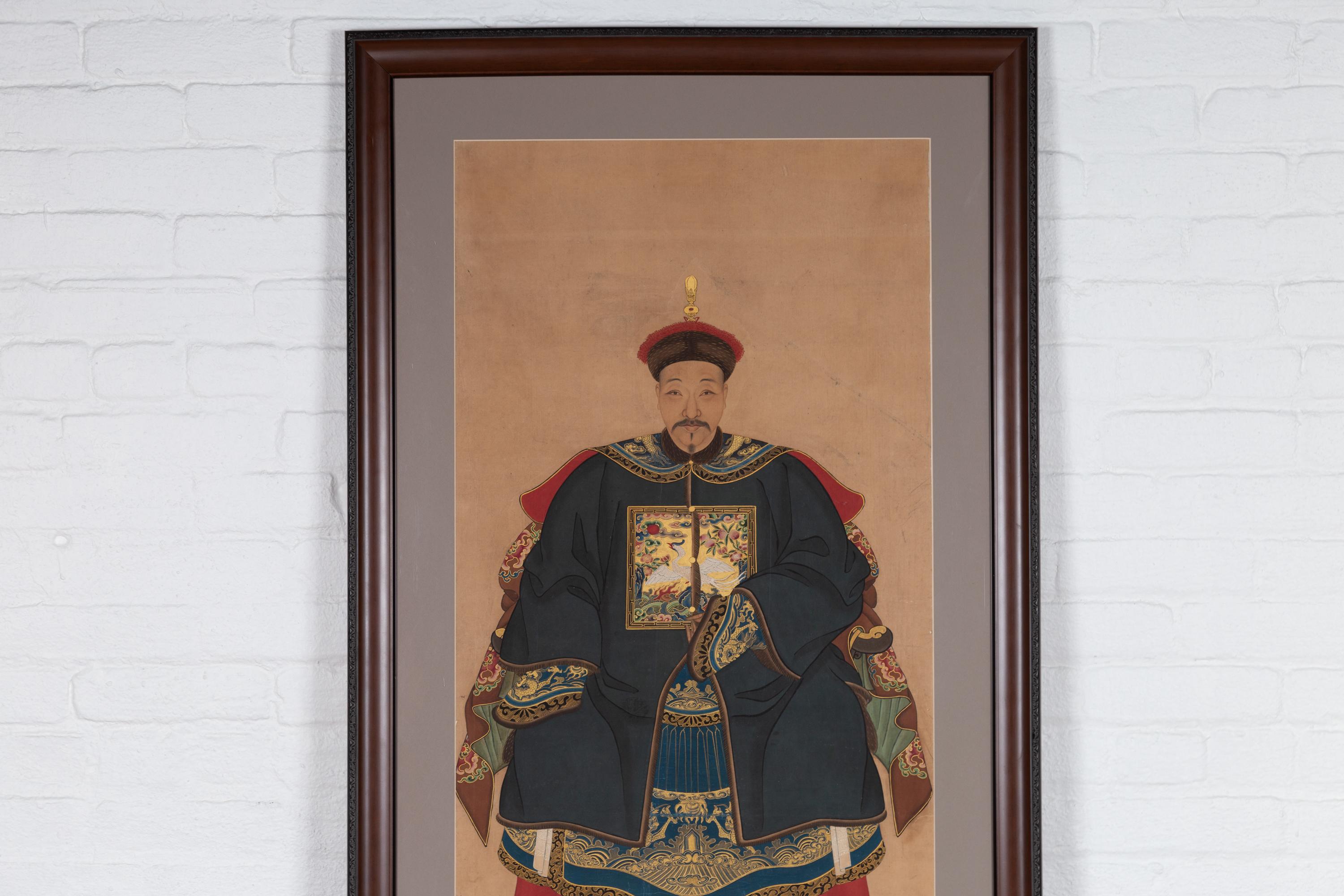 Framed Chinese Qing Dynasty Ancestral Patriarch Portrait, circa 1900 In Good Condition In Yonkers, NY