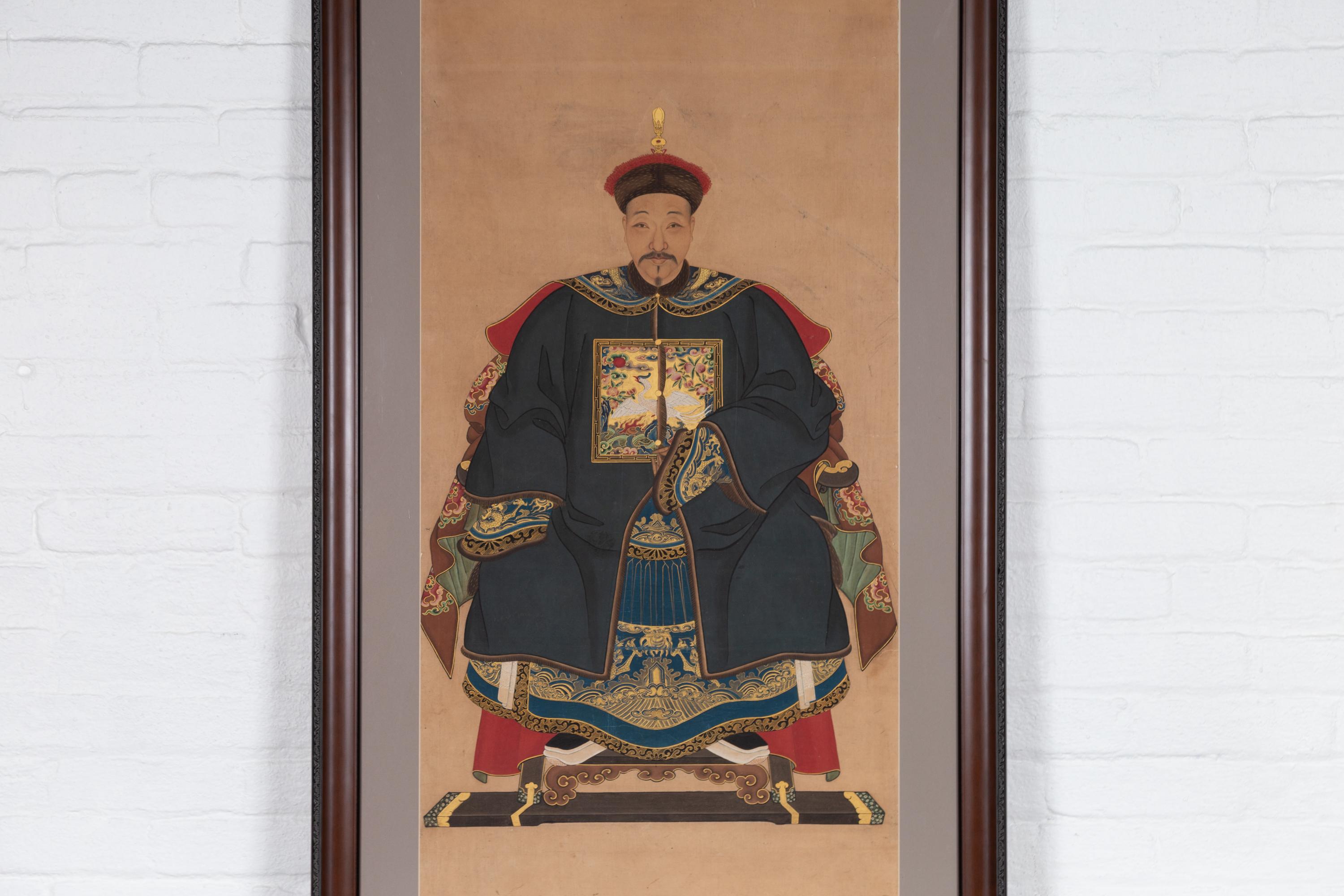 20th Century Framed Chinese Qing Dynasty Ancestral Patriarch Portrait, circa 1900