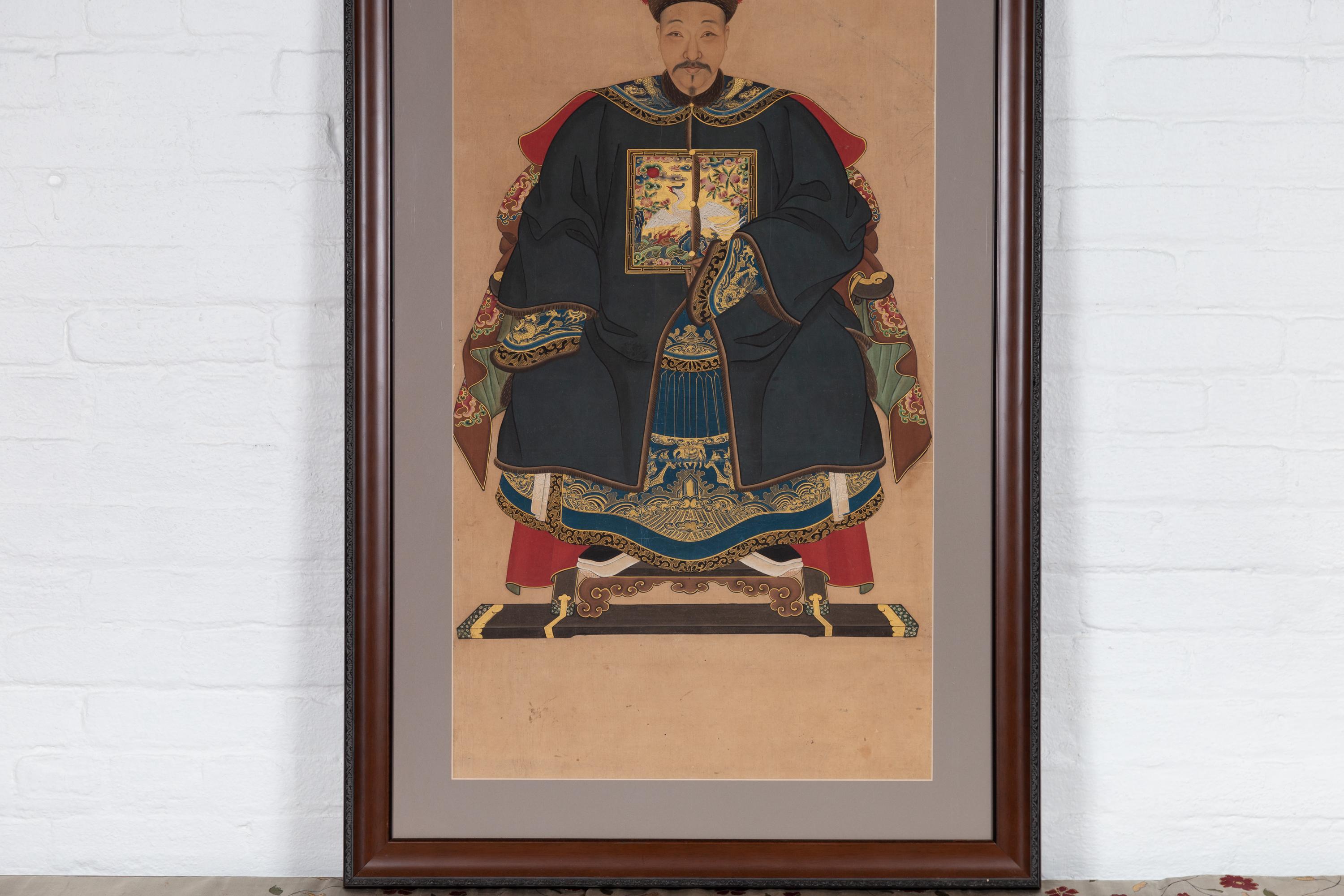 Wood Framed Chinese Qing Dynasty Ancestral Patriarch Portrait, circa 1900