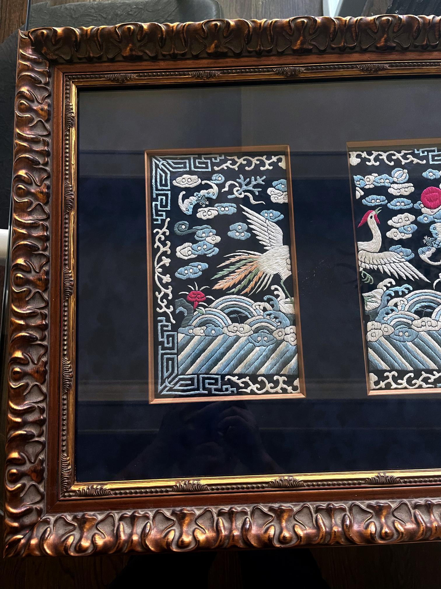 A finely embroidered silk civil rank badge panel matted and framed in an elaborate giltwood frame circa mid-late 19th century. The square rank badge is known in Chinese as Buzi and because it is split, it was originally placed on the front of the