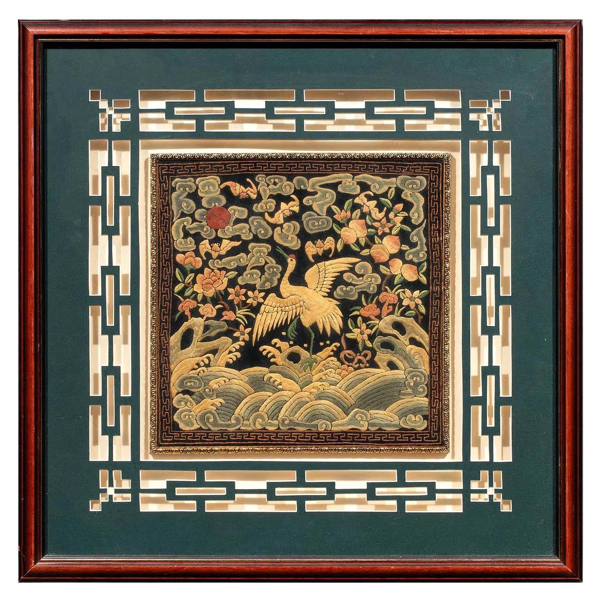 Framed Chinese Qing Dynasty Embroidered First Rank Badge