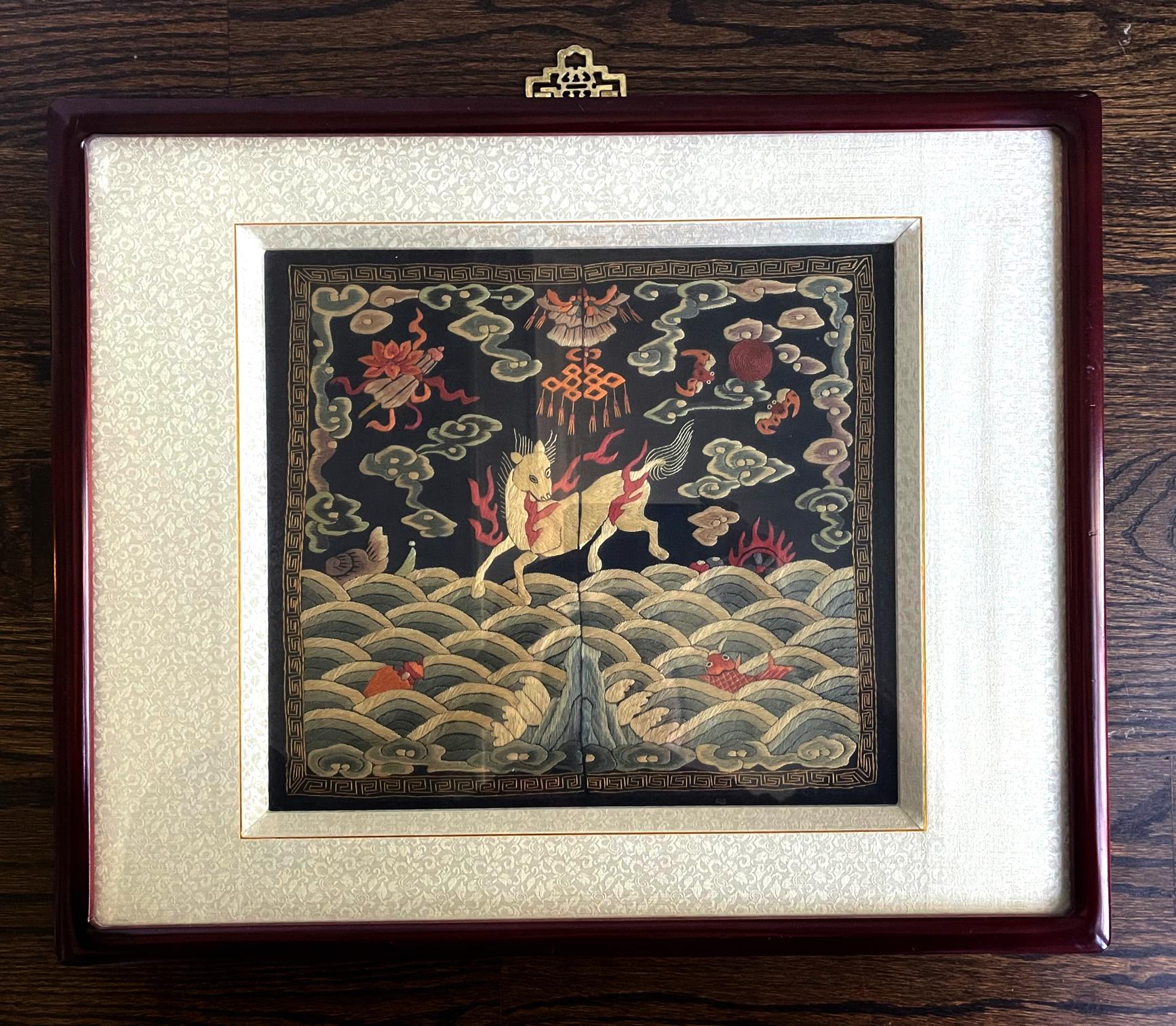 A finely embroidered silk military rank badge panel framed in a wood frame circa late Qing dynasty 19th century. The square rank badge is known in Chinese as Buzi which was displayed in the front and back of the official robe to indicate one's rank