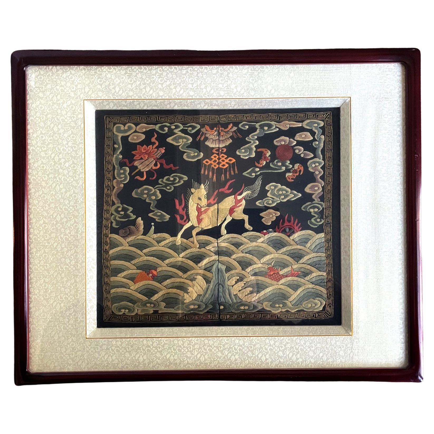 Framed Chinese Qing Dynasty Embroidered Ninth Military Rank Badge For Sale