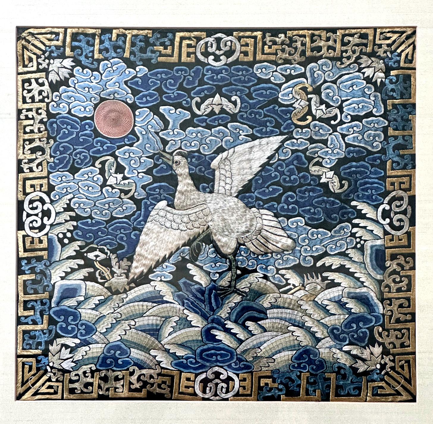 Framed Chinese Qing Dynasty Embroidered Sixth Rank Badge In Good Condition In Atlanta, GA