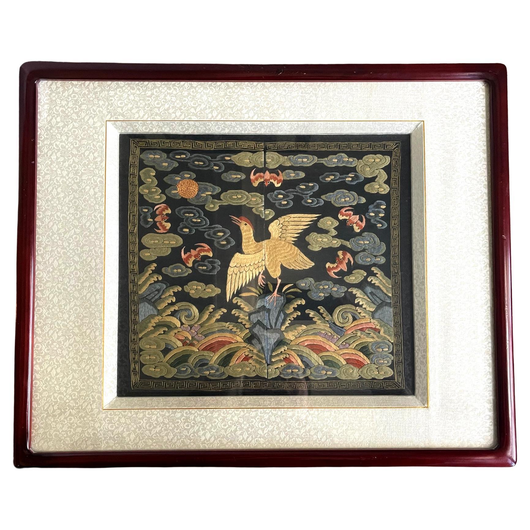 Framed Chinese Qing Dynasty Embroidered Sixth Rank Badge For Sale