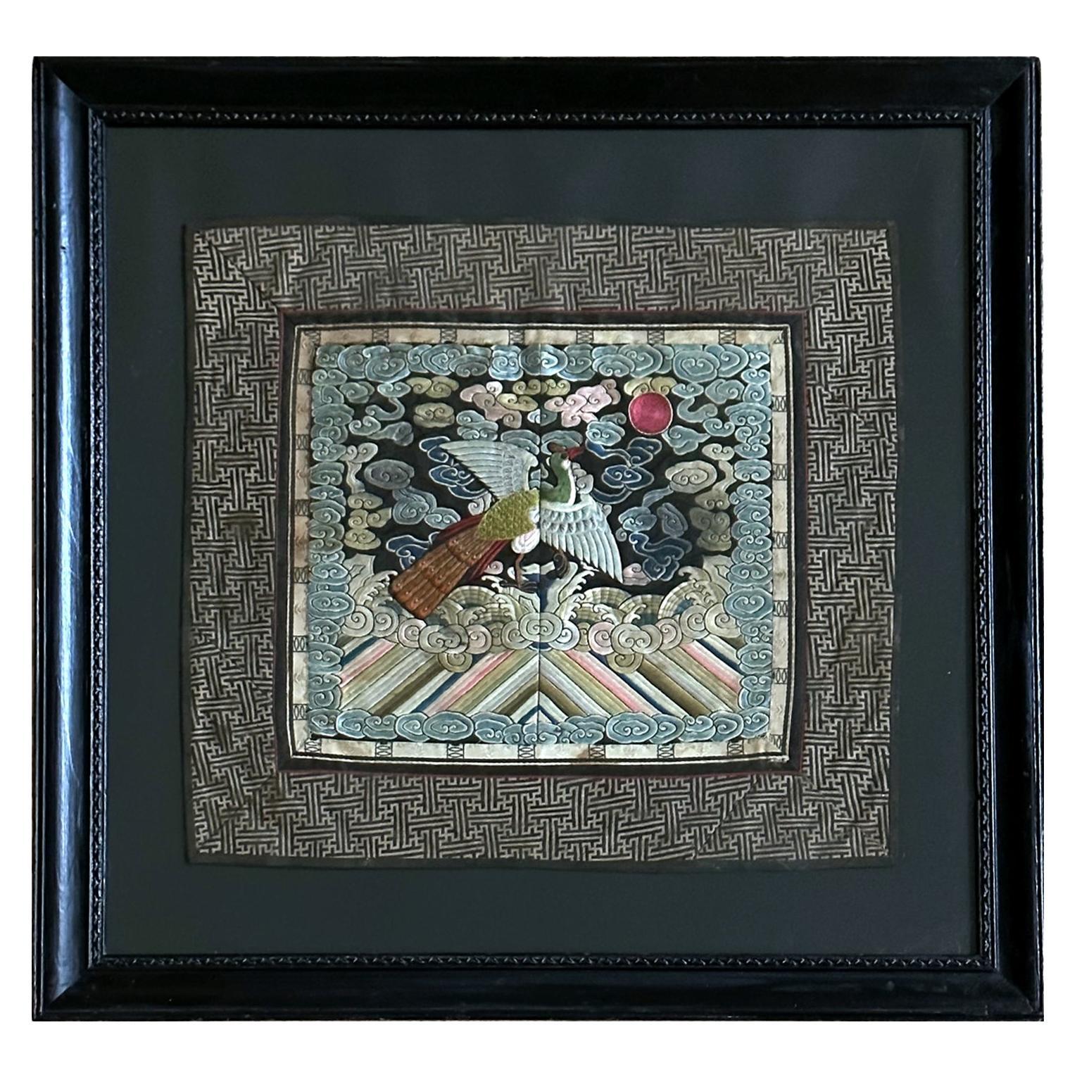 Framed Chinese Qing Dynasty Embroidered Third Rank Badge