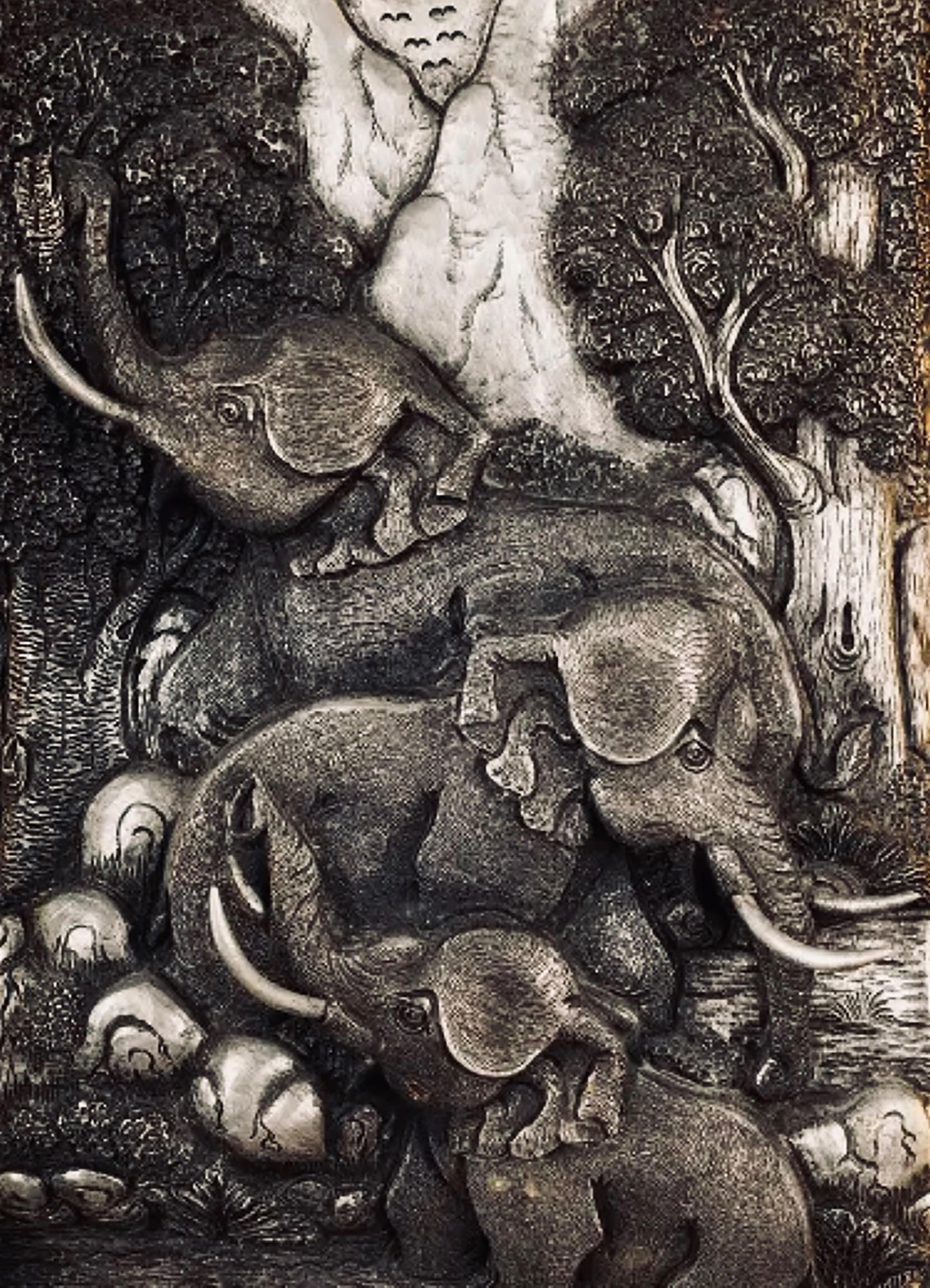 776 Framed Chinese sculpture of silver-pewter fruits.
Featuring scenes of elephants masterly done.
Dimensions: 13” wide x 16” high x 2” deep.
 