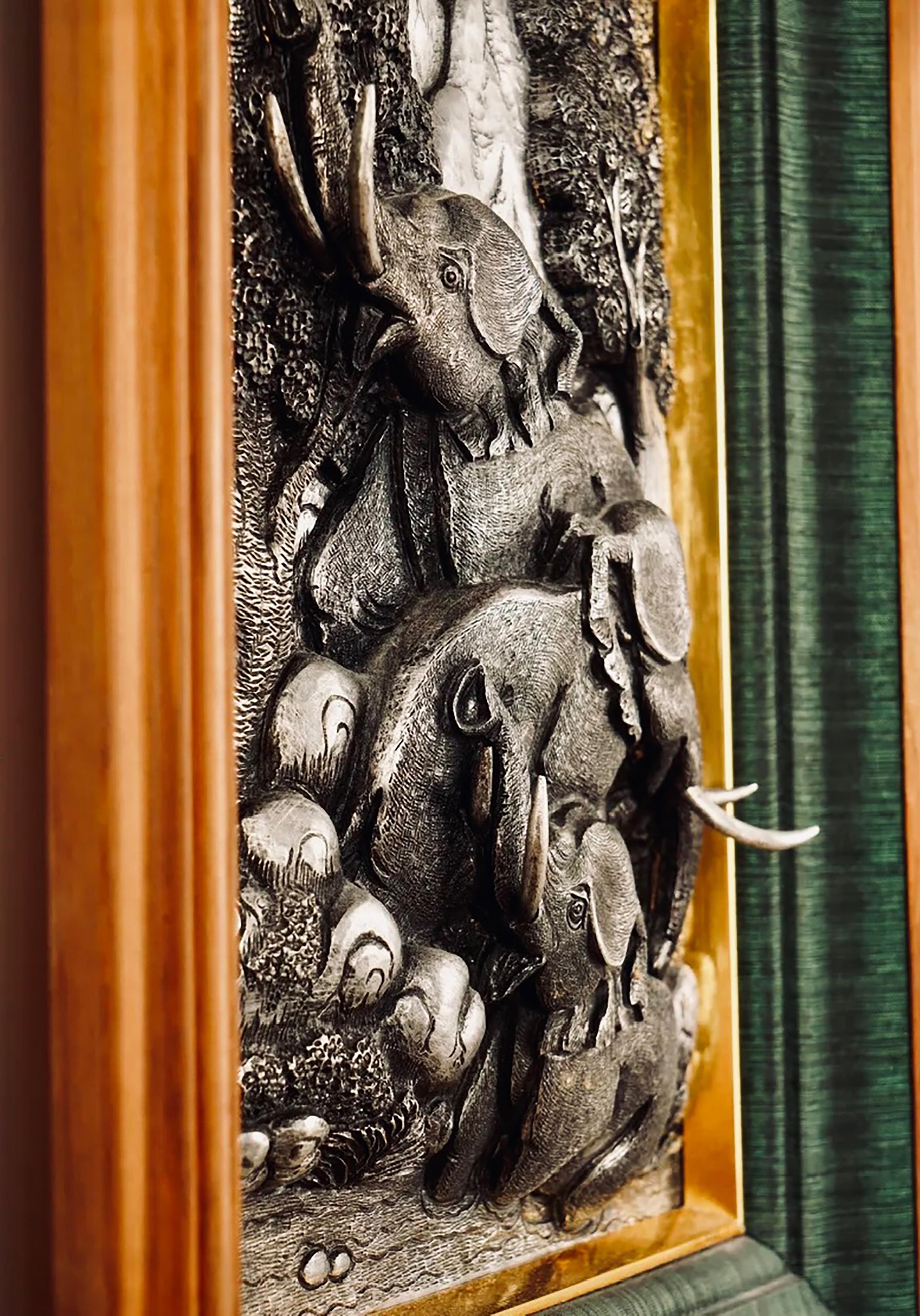 Folk Art Framed Chinese Sculpture of Silver-Pewter Fruits For Sale