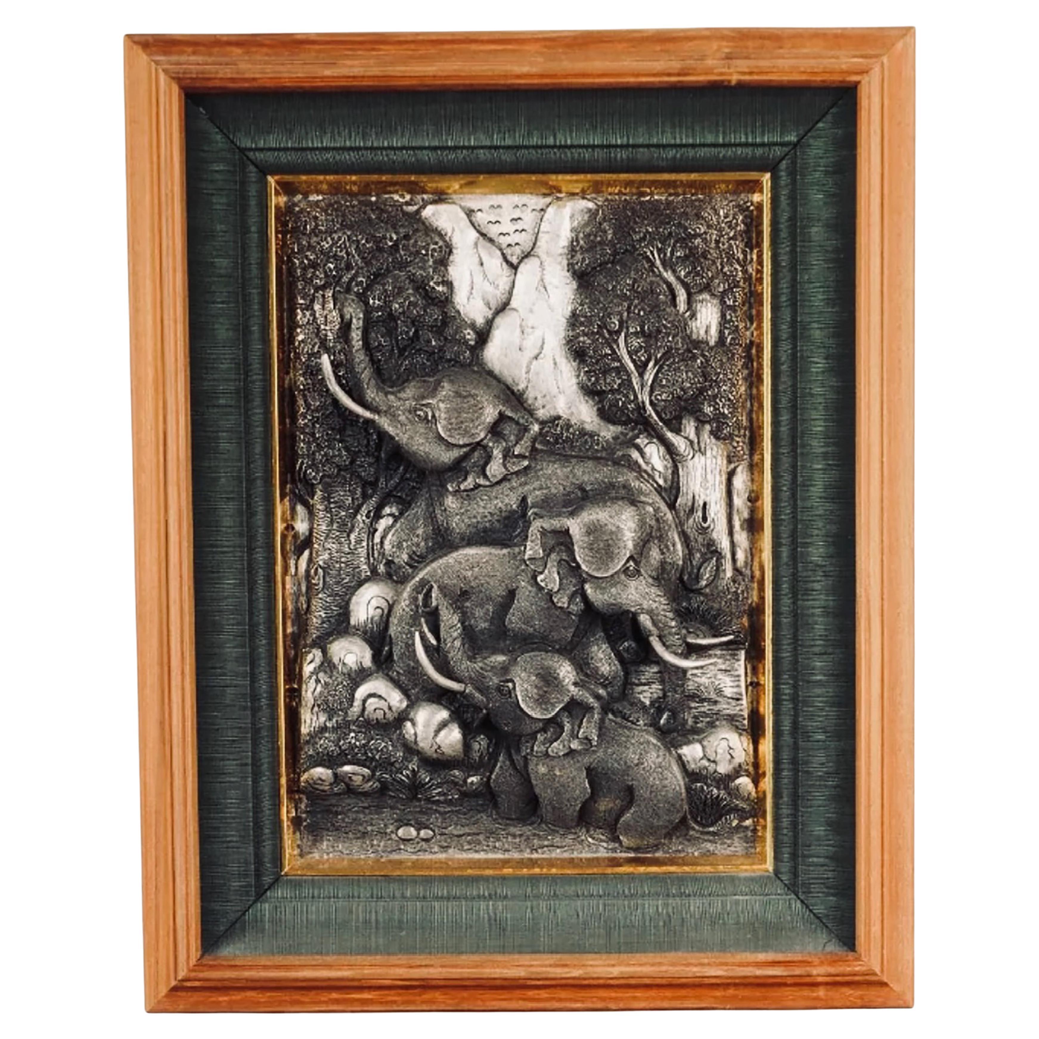 Framed Chinese Sculpture of Silver-Pewter Fruits For Sale