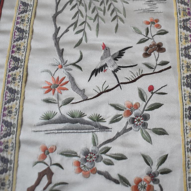 Framed Chinese Silk Embroidered Tapestry Panel with Cranes and Floral
