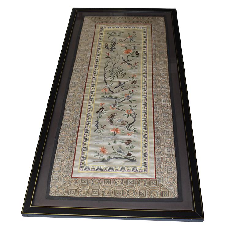 Chinoiserie Framed Chinese Silk Embroidered Tapestry Panel with Cranes and Floral Motif For Sale