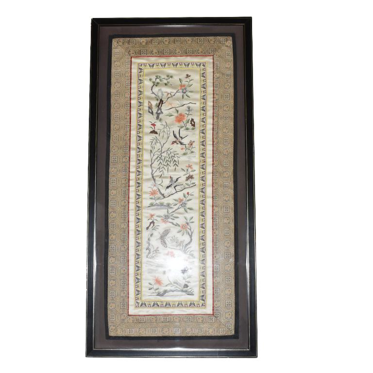 Framed Chinese Silk Embroidered Tapestry Panel with Cranes and Floral Motif In Good Condition For Sale In Oklahoma City, OK