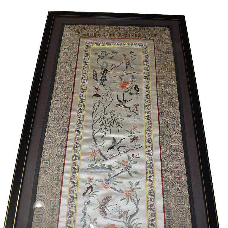 Gold Framed Chinese Silk Embroidered Tapestry Panel with Cranes and Floral Motif For Sale