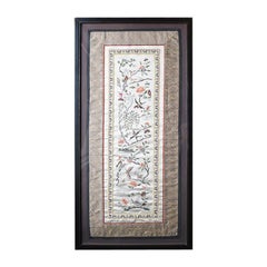 Vintage Framed Chinese Silk Embroidered Tapestry Panel with Cranes and Floral Motif