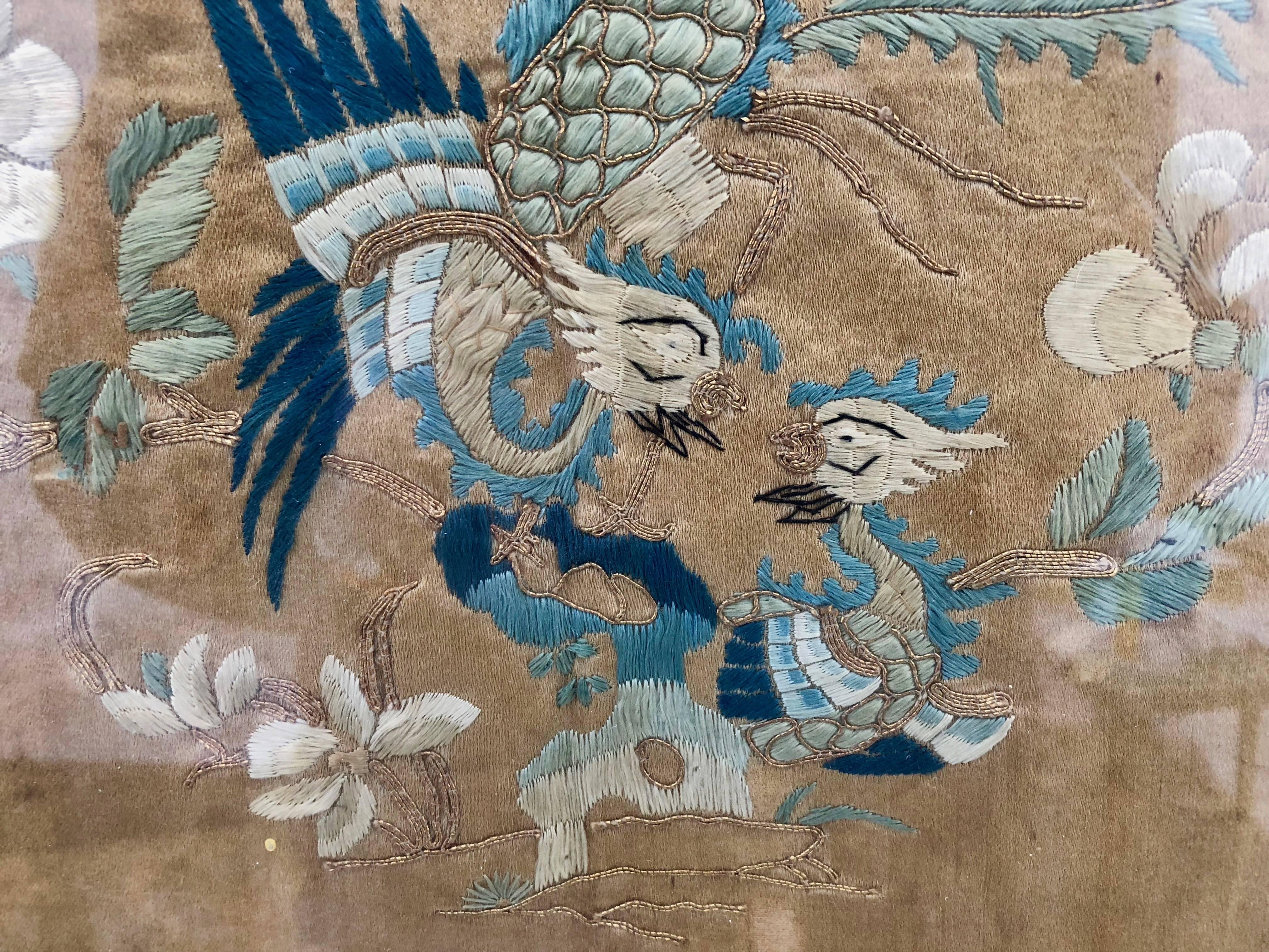 Framed Chinese Silk Embroidery of Two Birds in Blue, Green, Cream, Peach In Good Condition For Sale In Petaluma, CA