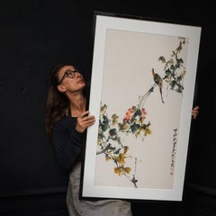 Gerahmtes chinesisches Aquarellgemälde „ Vogel auf Blume“ von Zhao Shao Ang aus dem Jahr 1987