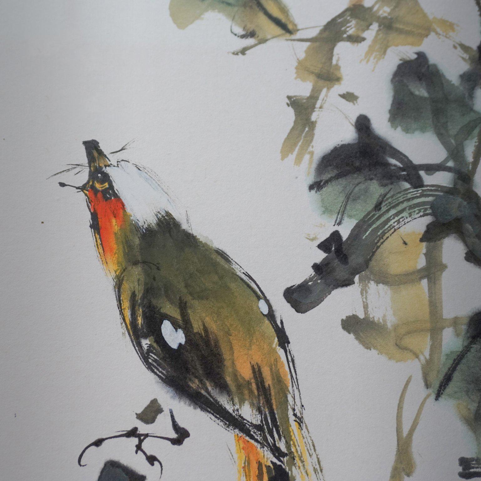 Hong Kong Framed Chinese Watercolor Painting 'Bird on Flower' by Zhao Shao Ang in 1987 For Sale