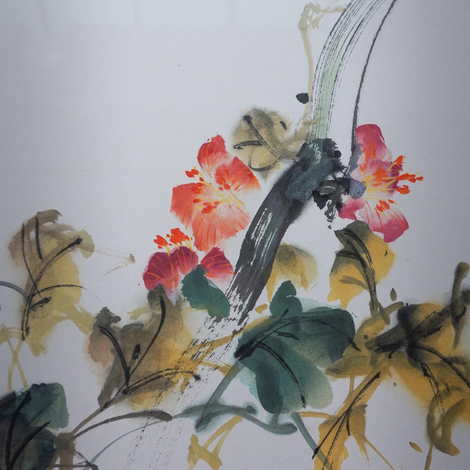 Painted Framed Chinese Watercolor Painting 'Bird on Flower' by Zhao Shao Ang in 1987 For Sale