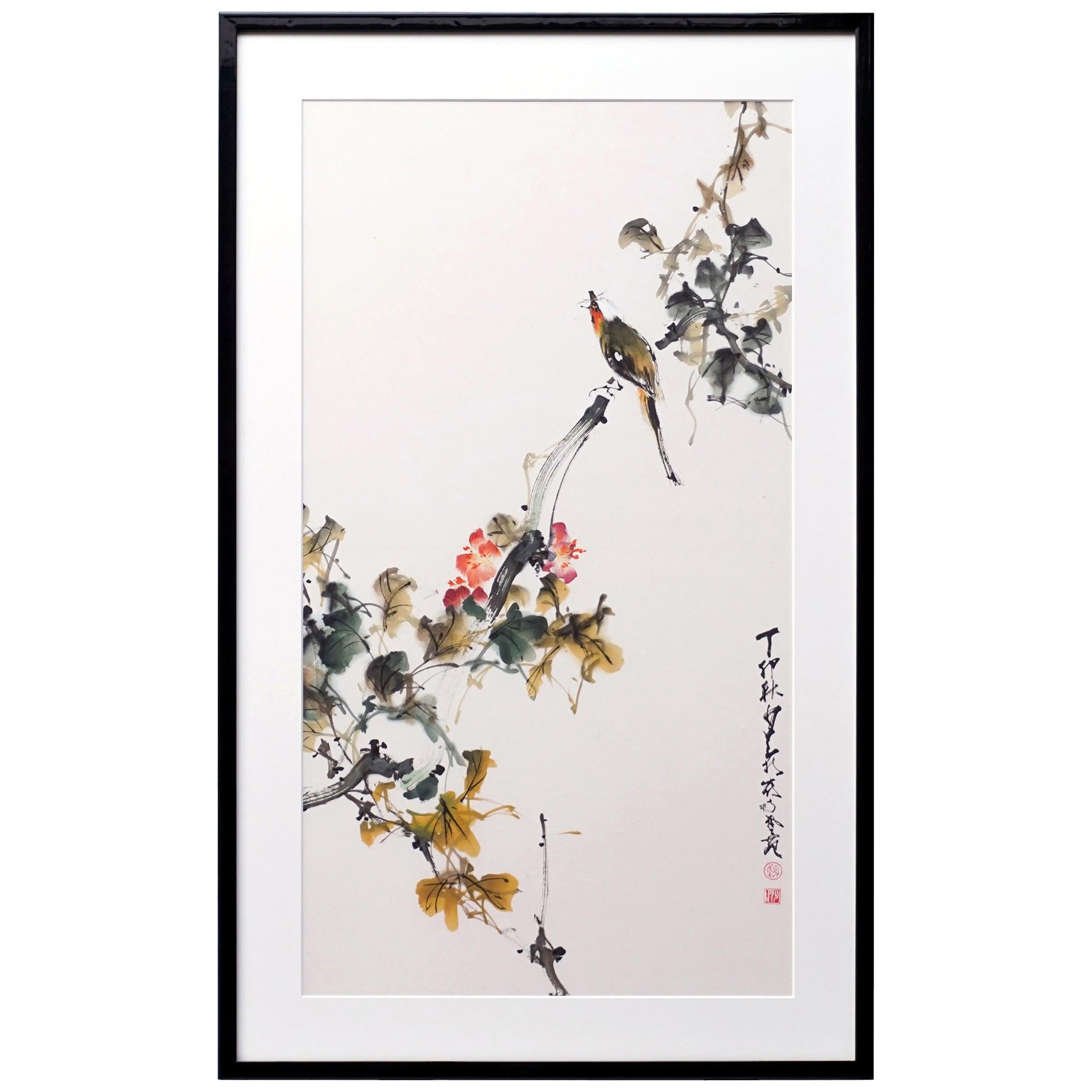 Framed Chinese Watercolor Painting 'Bird on Flower' by Zhao Shao Ang in 1987