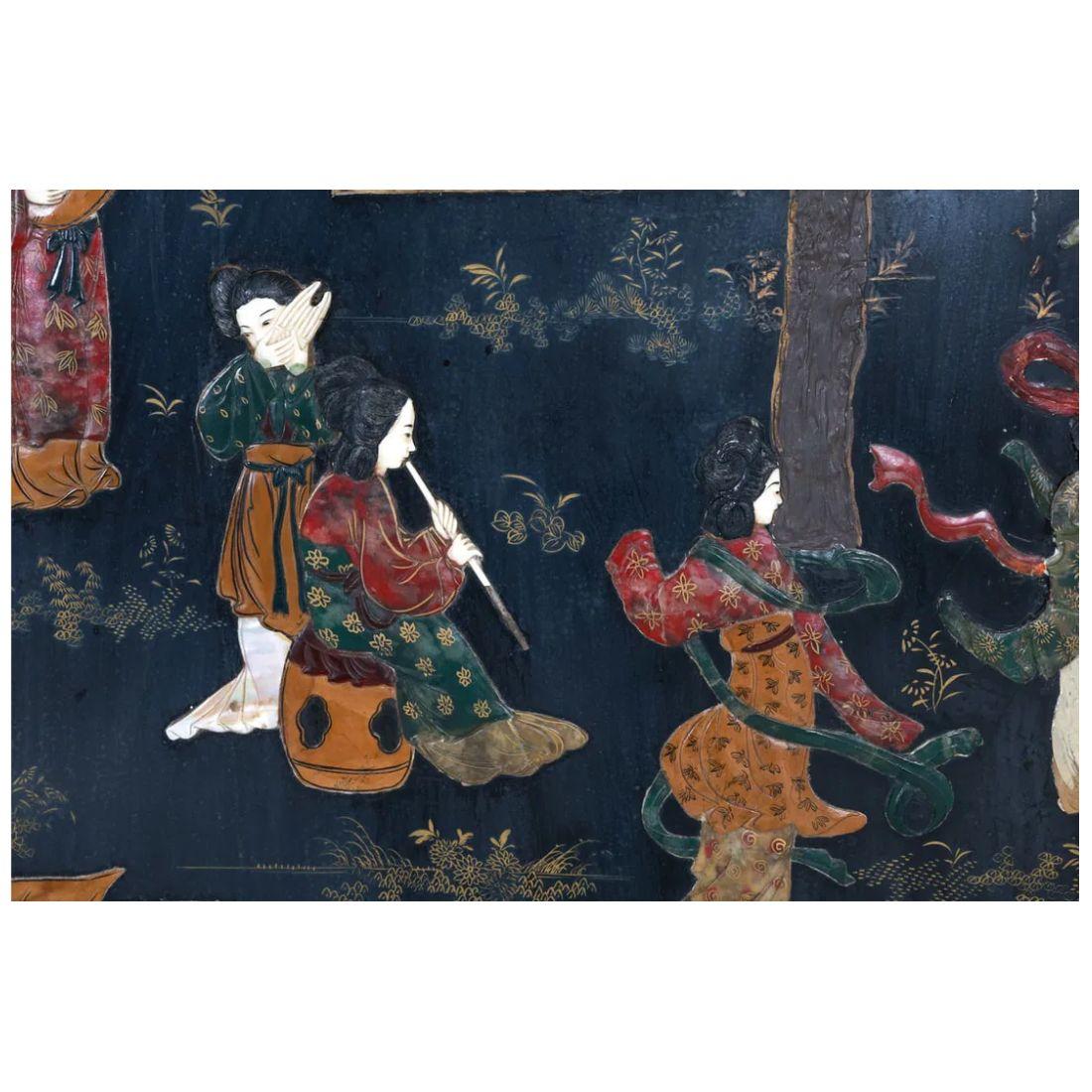 Enamel Framed Chinoiserie Panel With Stone Inlay For Sale