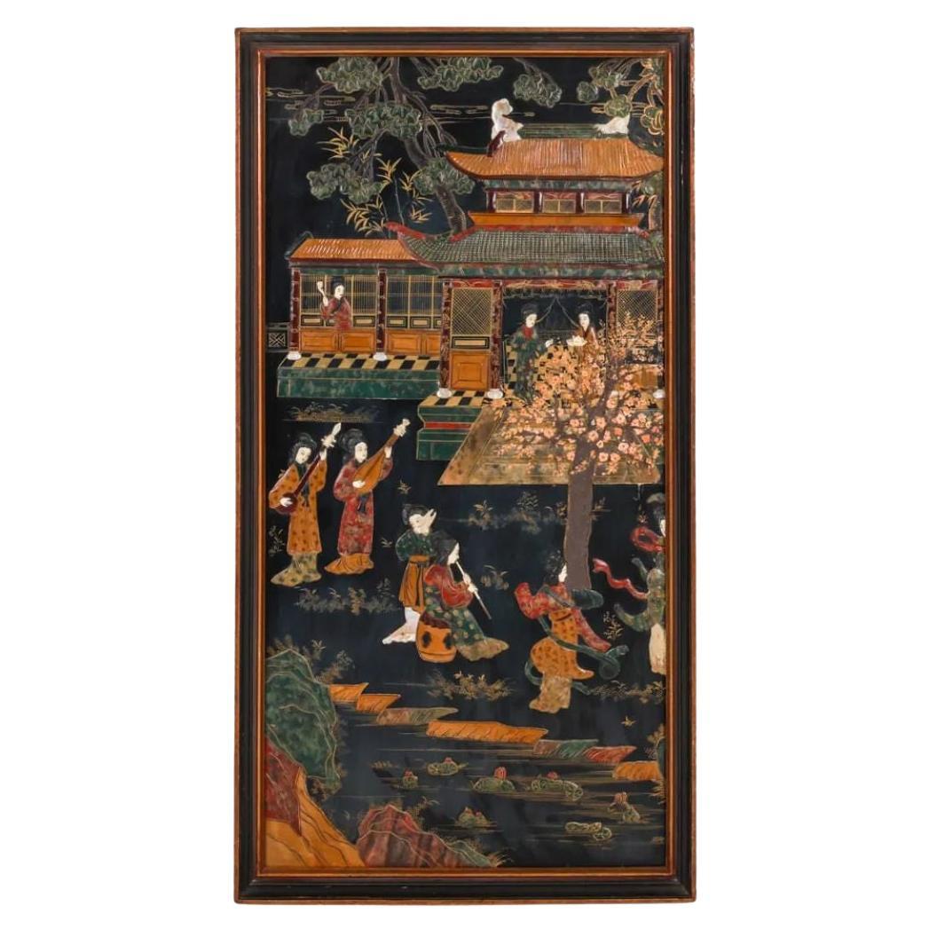 Framed Chinoiserie Panel With Stone Inlay For Sale