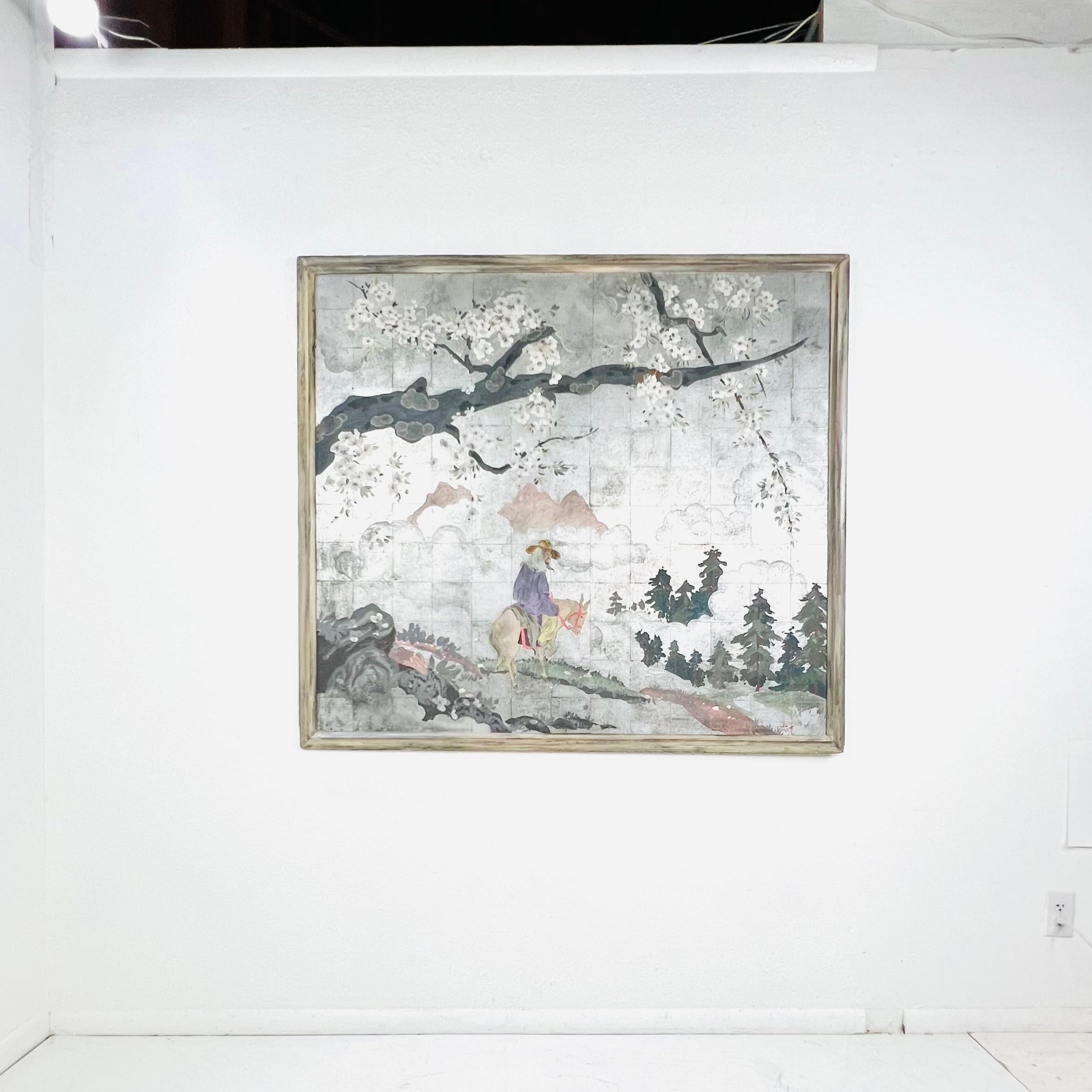 Framed Chinoiserie Style Silver Leaf Panel For Sale 8