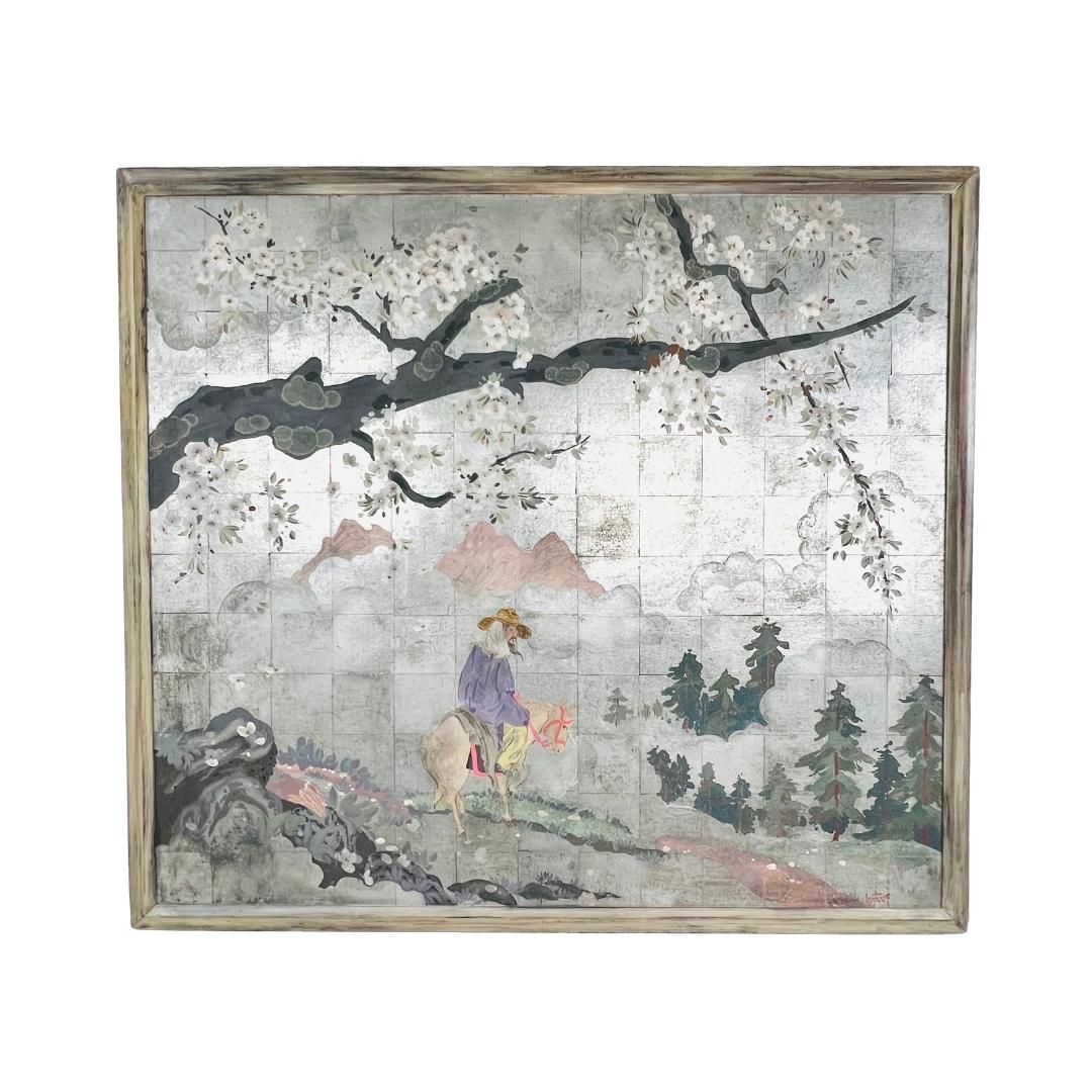 Framed Chinoiserie Style Silver Leaf Panel For Sale 9