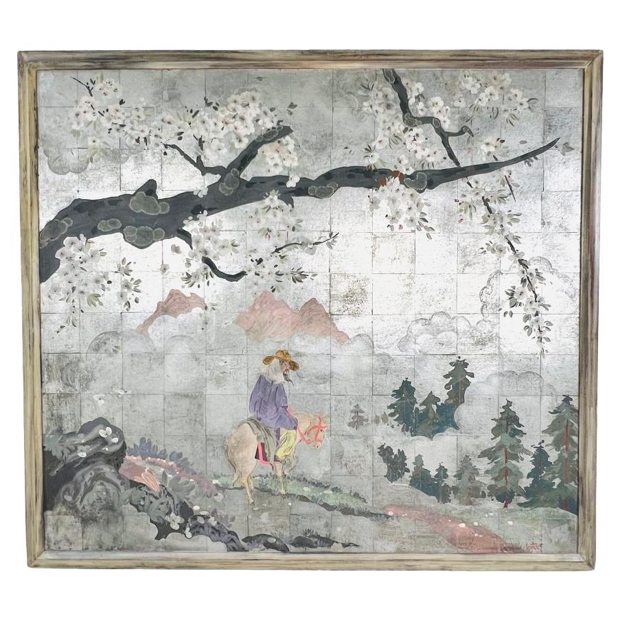 Framed Chinoiserie Style Silver Leaf Panel For Sale