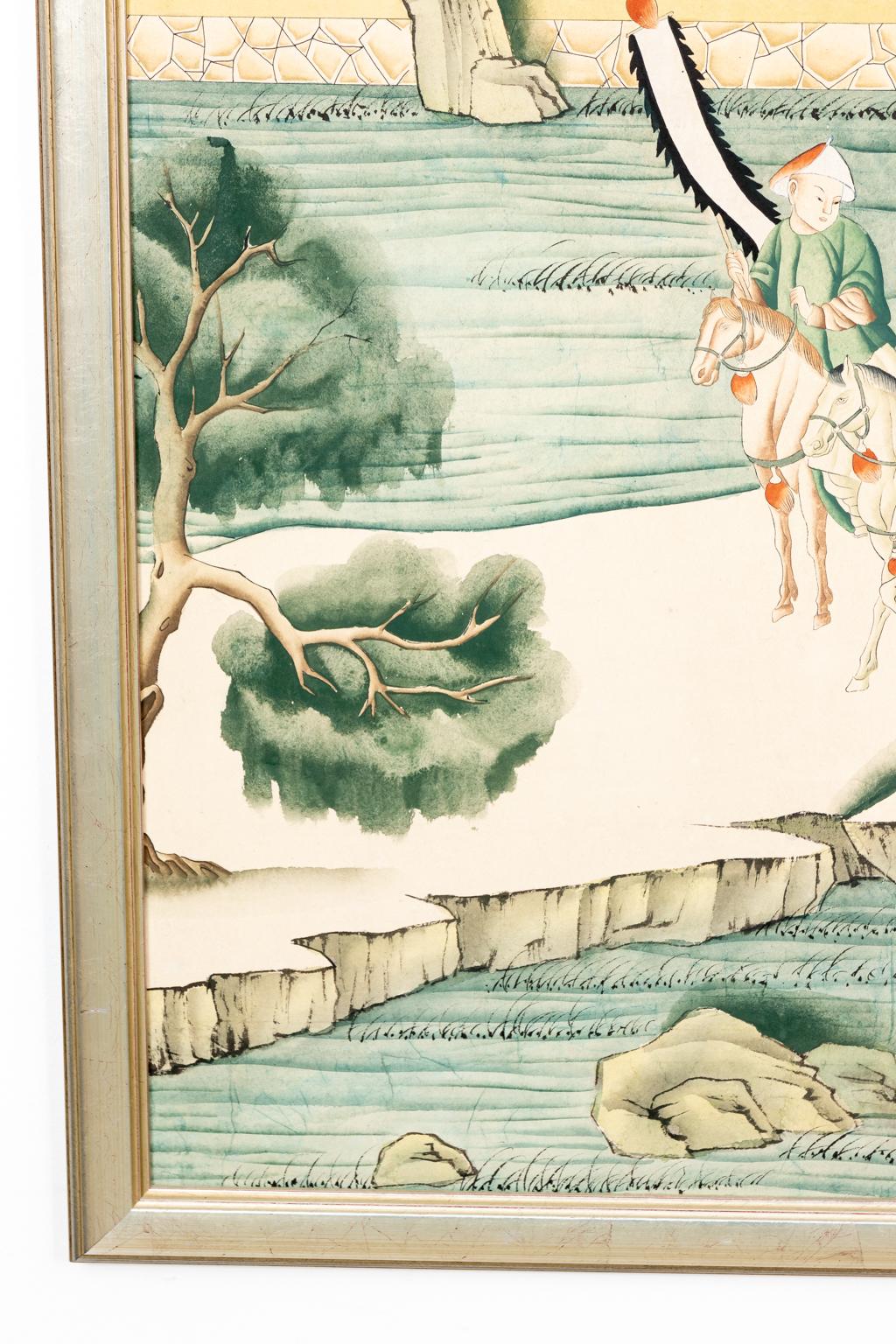 Circa 20th century pair of framed Chinese Chinoiserie wallpaper panels in watercolor on paper from Charlotte Horstman with silver leaf frames. The panels were purchased forty years ago. Made in China. Please note of wear consistent with age.