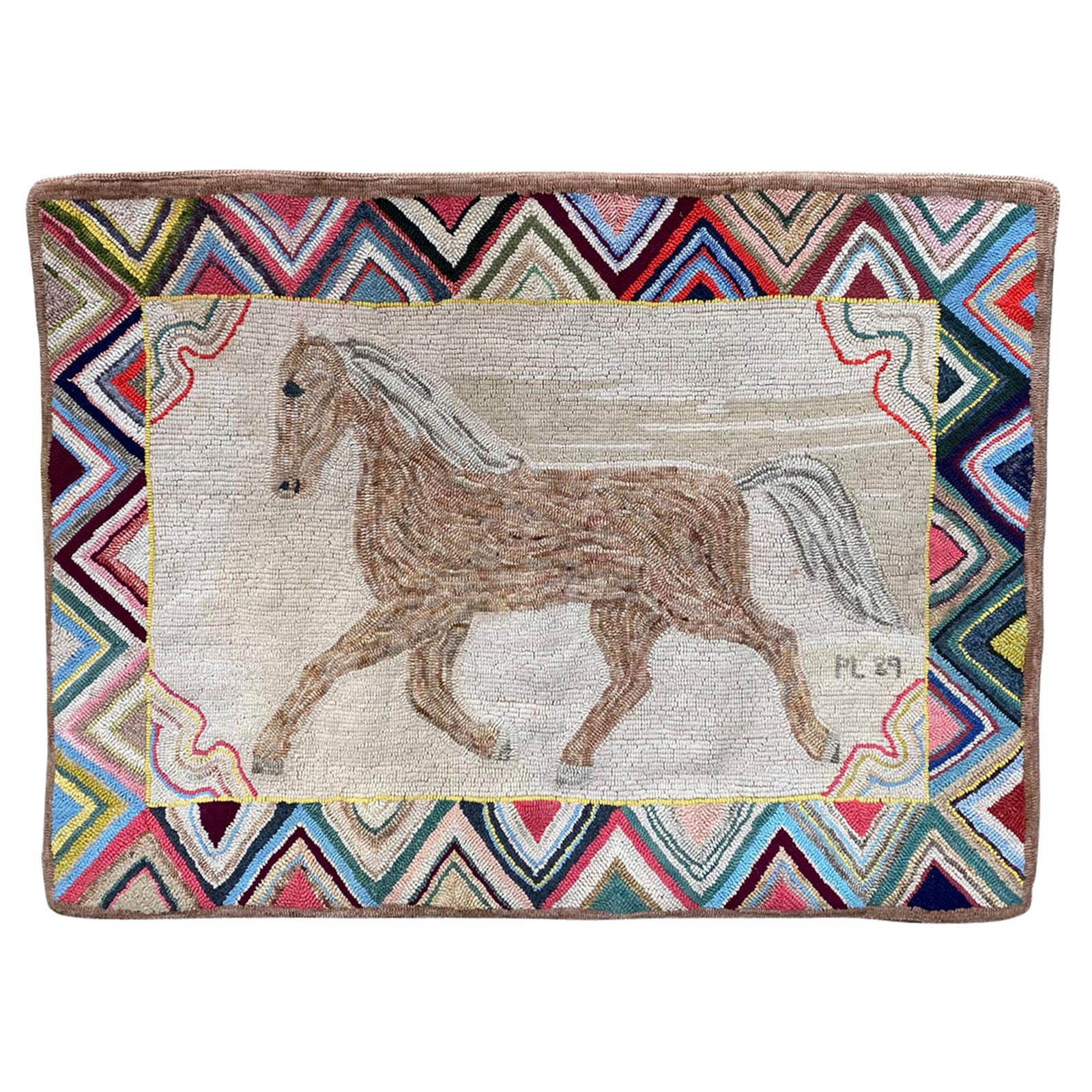 Framed Circa 1889 Folk Art Hook Rug Running Horse Art, Signed PL '89 For Sale