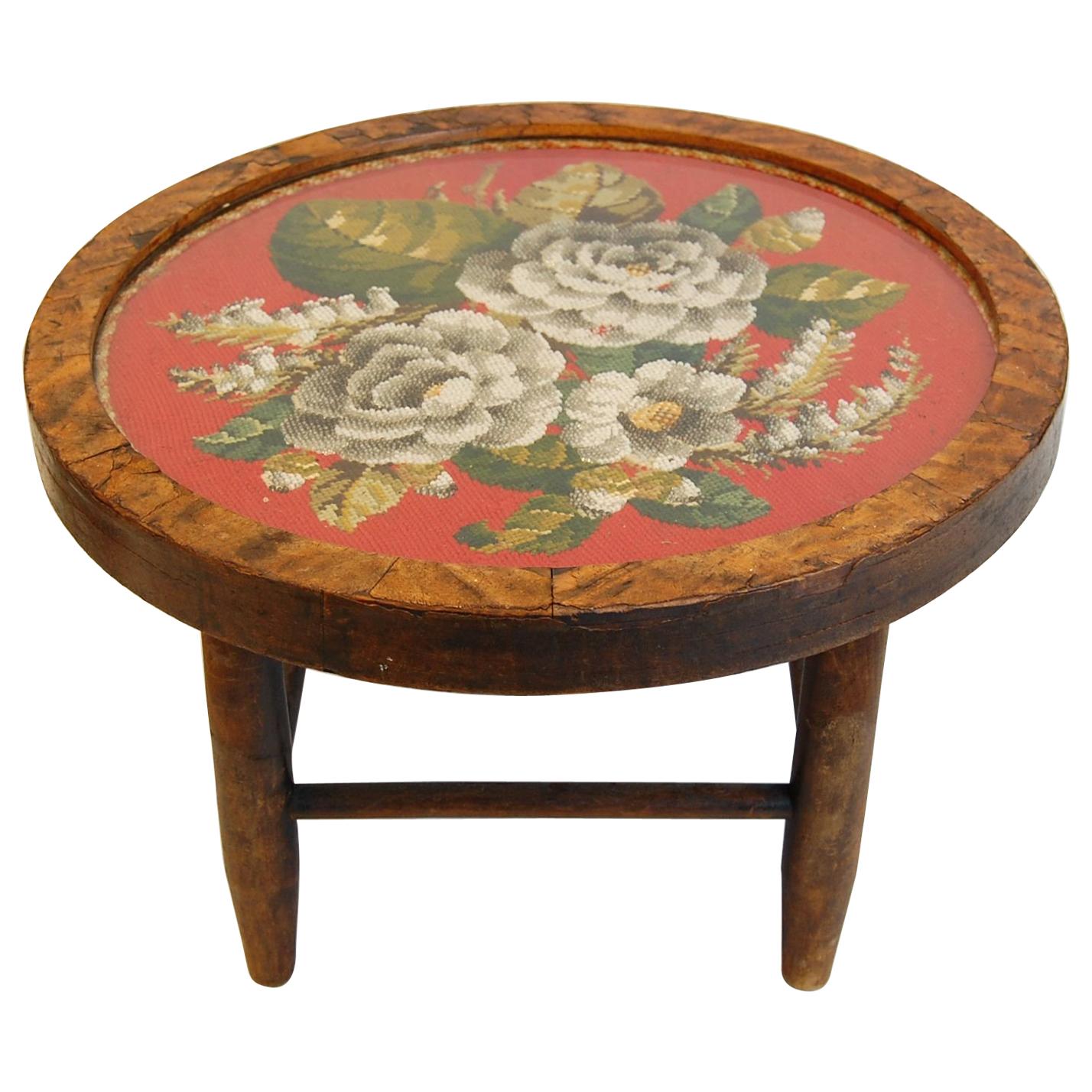 Framed Circular Victorian 19th Century Floral Needlepoint on a Low Base For Sale