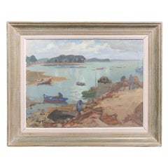 Framed Coastal Harbor Scene with Boats, Signed Acrylic on Canvas