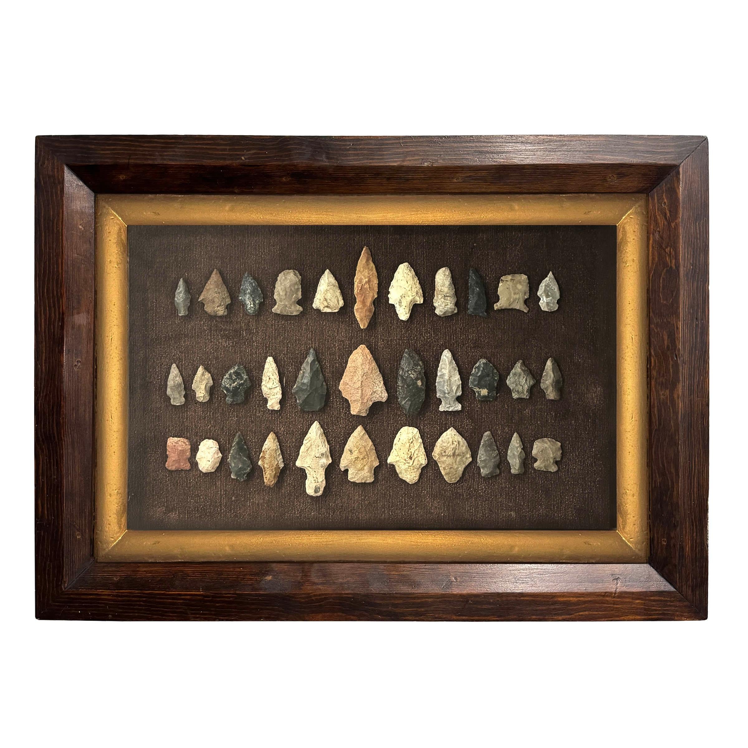 Hand-Crafted Framed Collection of Thirty-Three Native American Arrowheads For Sale
