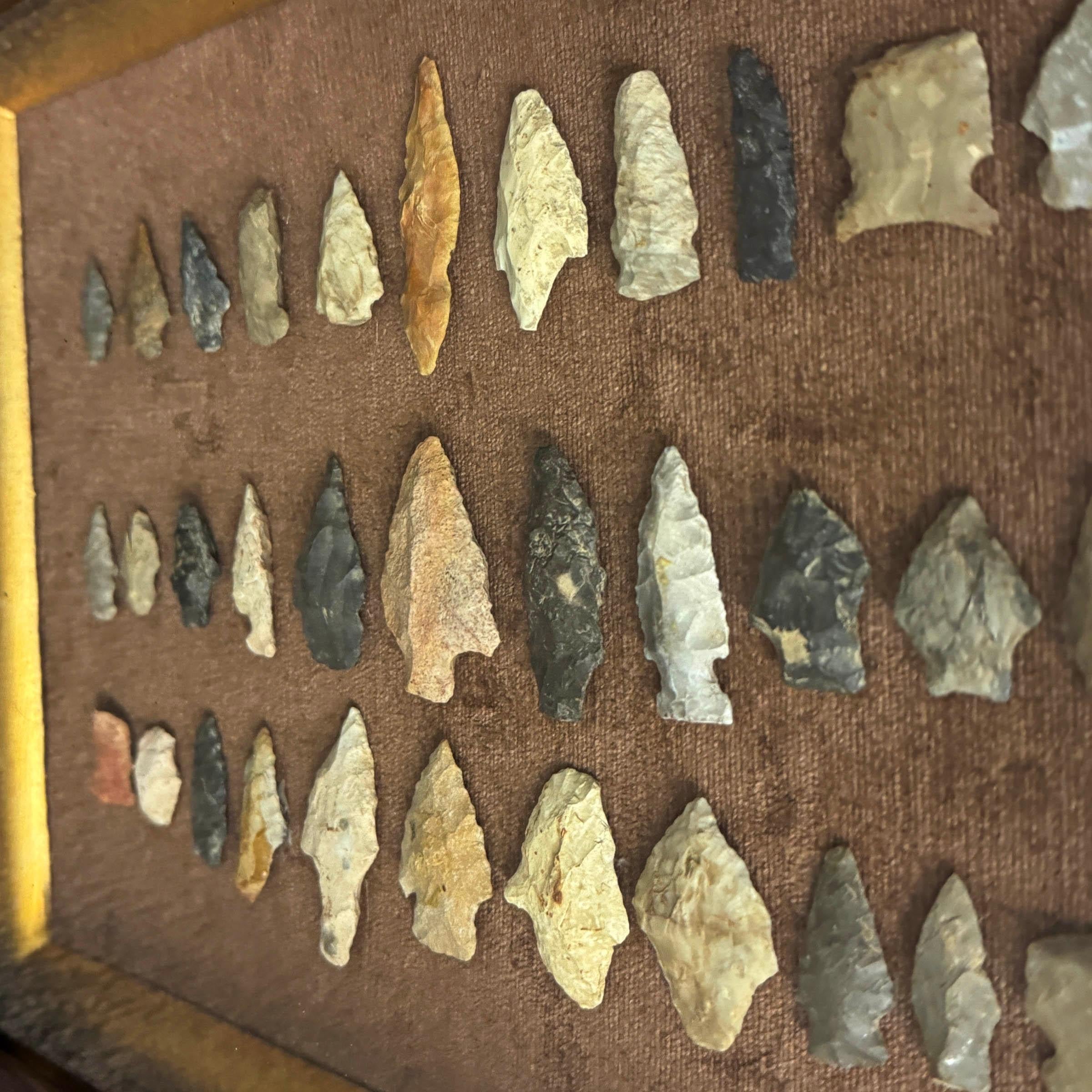 Framed Collection of Thirty-Three Native American Arrowheads In Good Condition In Chicago, IL