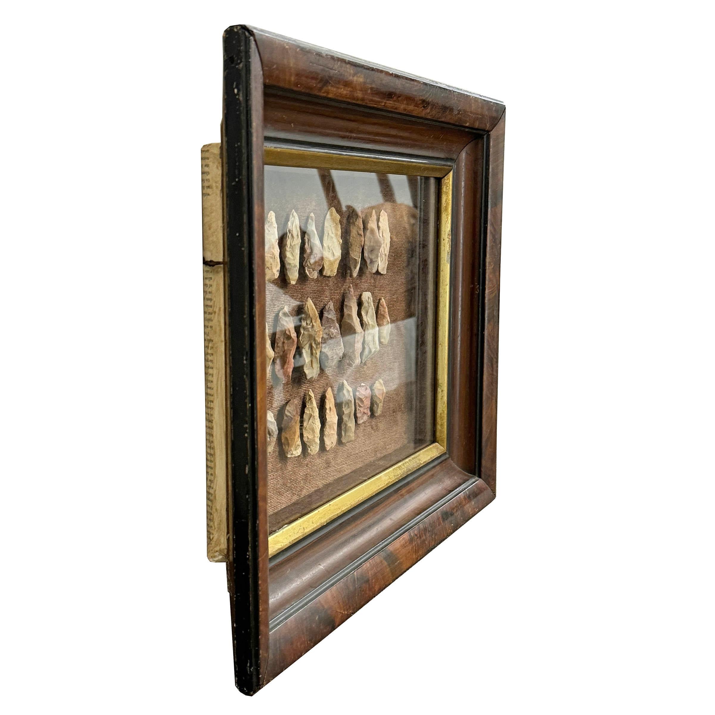 Hand-Crafted Framed Collection of Twenty-One Native American Arrowheads For Sale