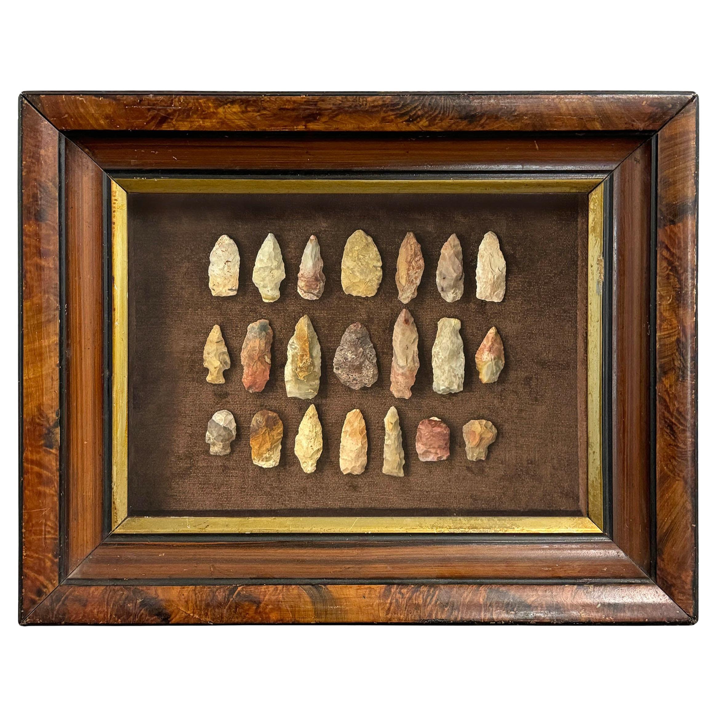 Framed Collection of Twenty-One Native American Arrowheads For Sale