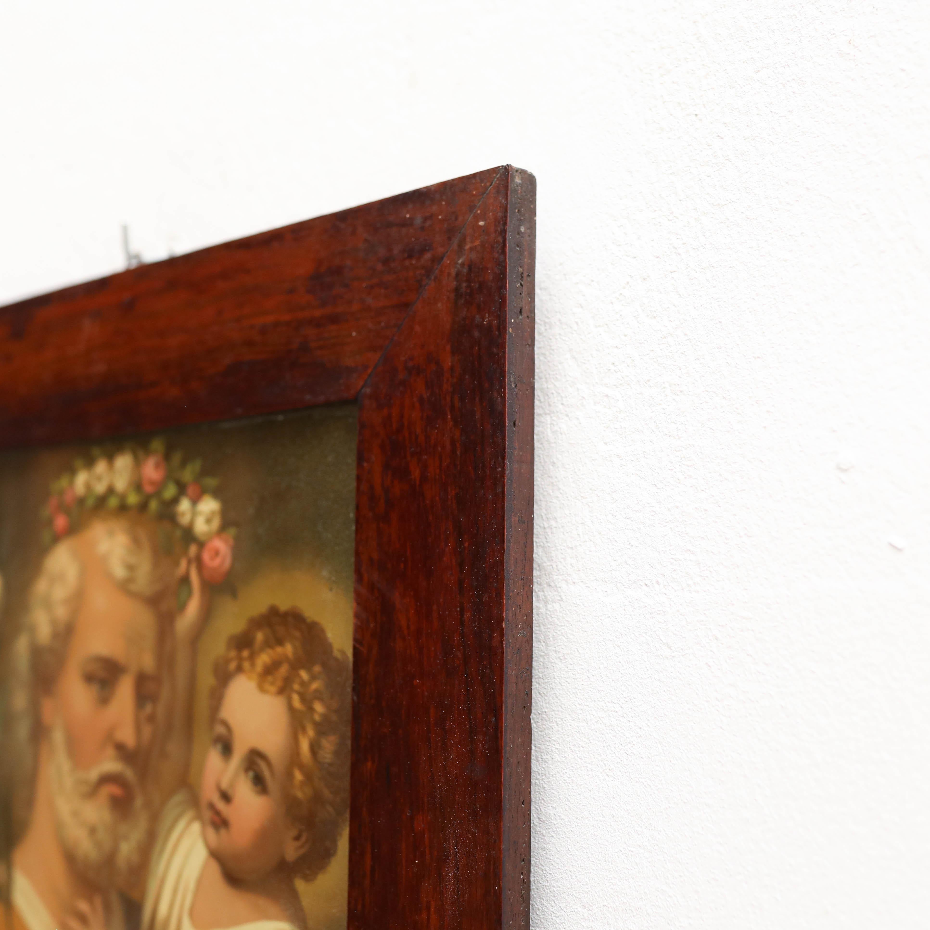 Spanish Framed Color Print of Saint and Child, circa 1940  For Sale