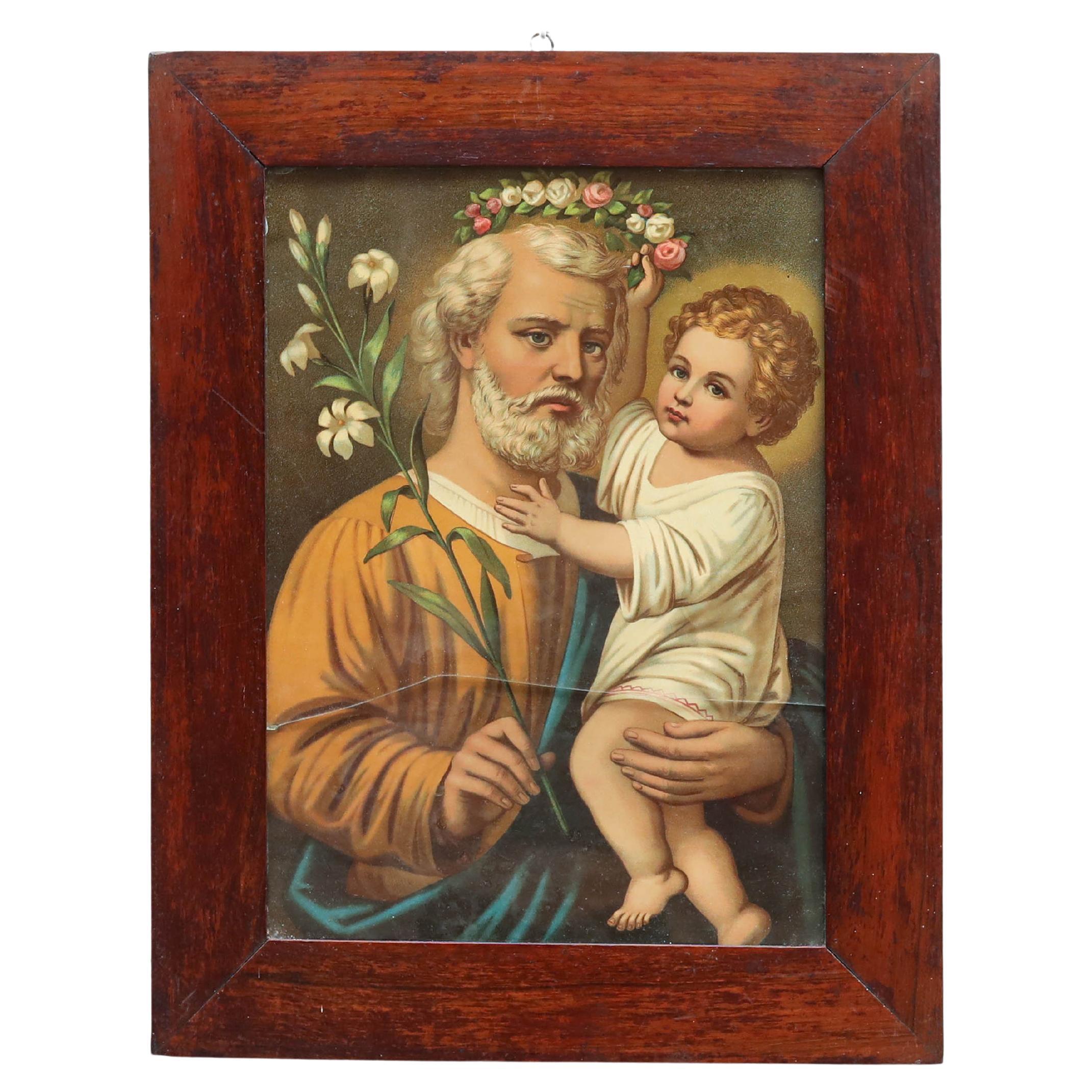 Gravure en couleur encadrée d'une sainte et d'un Child & Child, vers 1940  en vente