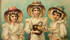 Framed Colored Engraving of Three Girls in Hats Holding Flower Baskets, Germany