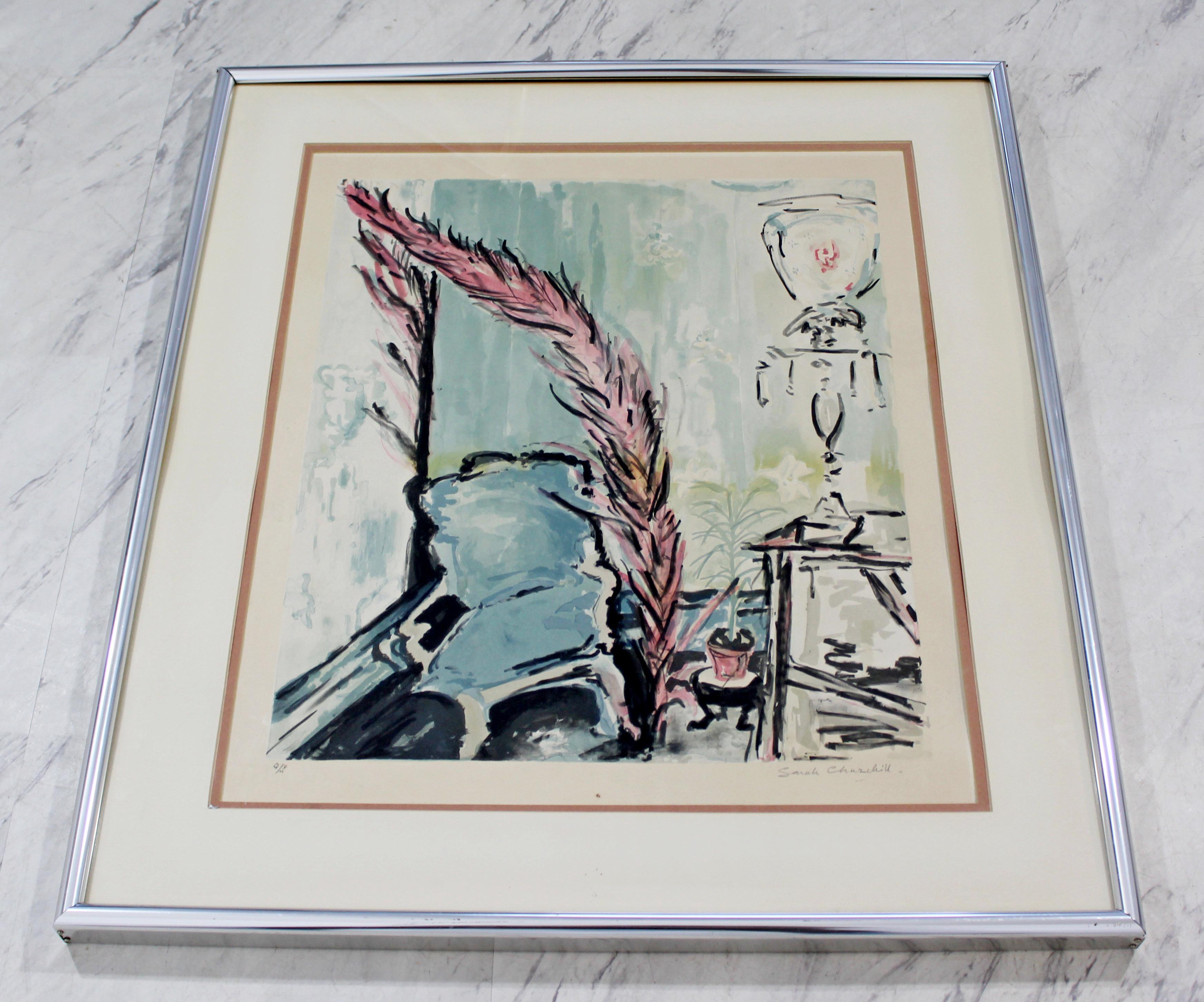 For your consideration is a beautiful, chrome framed lithograph, signed and numbered by Sarah Churchill (daughter of Winston Churchill) 67/300. In very good condition, with some dirt under the glass. The dimensions of the frame are 25
