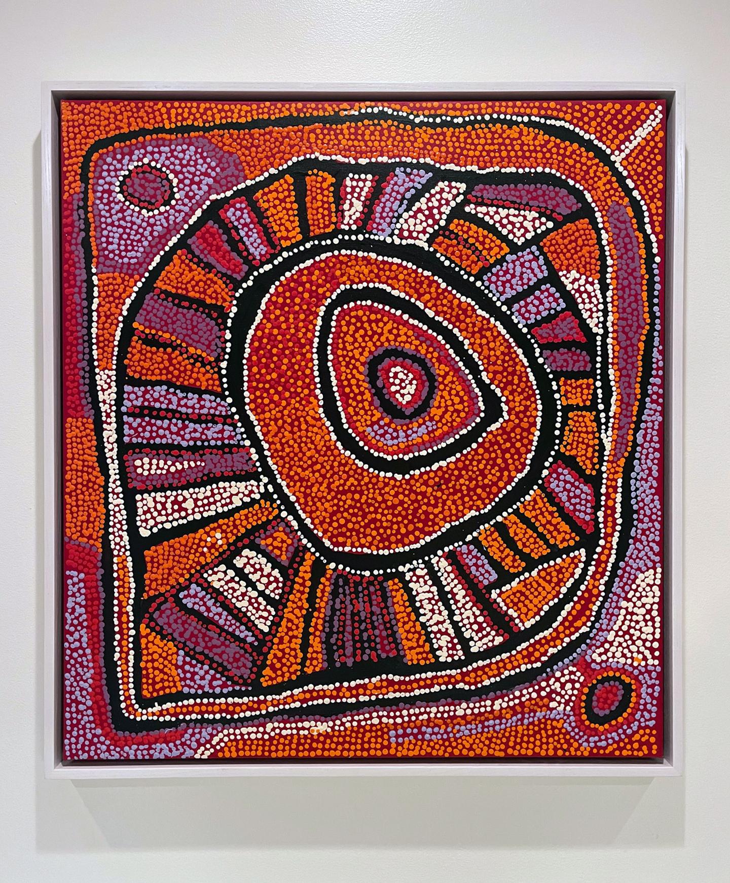 A beautiful dot painting by celebrated Australian Aboriginal artist Naata Nungurrayi (1932-2021) depicting
Women's Ceremony at Marrapinti. Mesmerizing composition of dots in brilliant shifting colors, iconic in the artist's work. Float framed in a