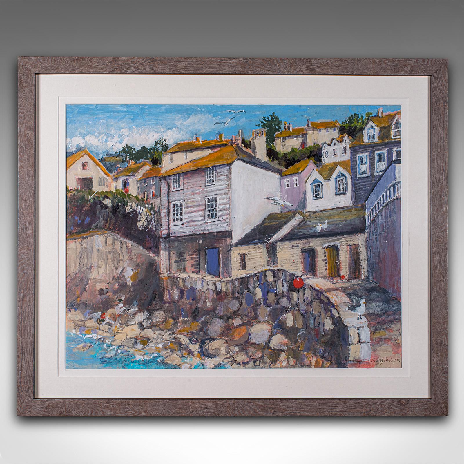 
Il s'agit d'un paysage contemporain encadré. Scène anglaise de Cornouailles, acrylique sur toile, par Mary Pelham.

Scène attrayante d'une petite ville côtière des Cornouailles
Patine contemporaine souhaitable et en bon état.
Acrylique sur toile et