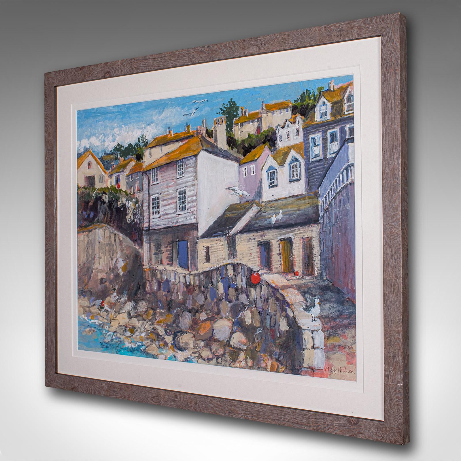 Mid-Century Modern Peinture de paysage contemporaine encadrée, anglaise, acrylique, art, tableau, Cornouailles en vente