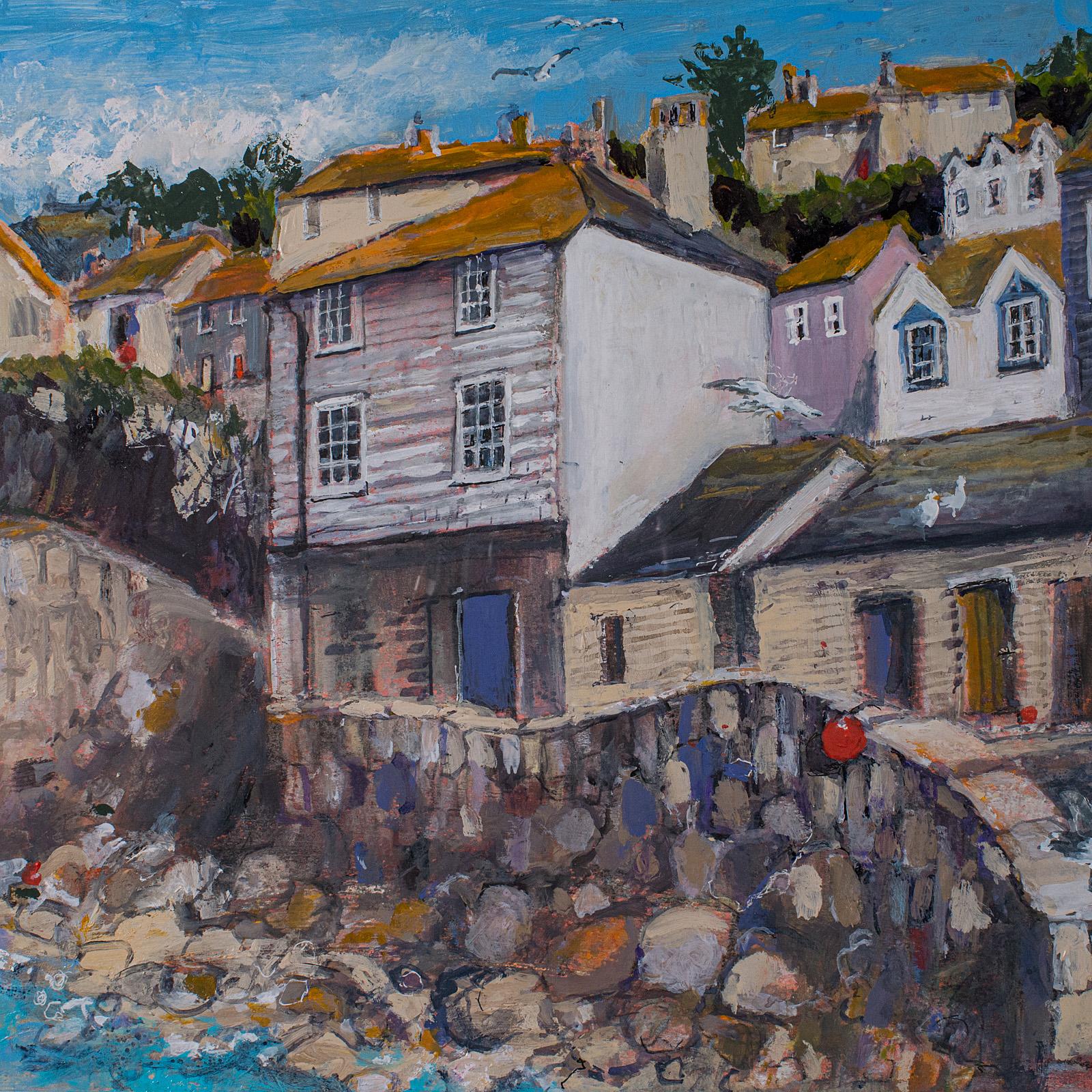 Britannique Peinture de paysage contemporaine encadrée, anglaise, acrylique, art, tableau, Cornouailles en vente