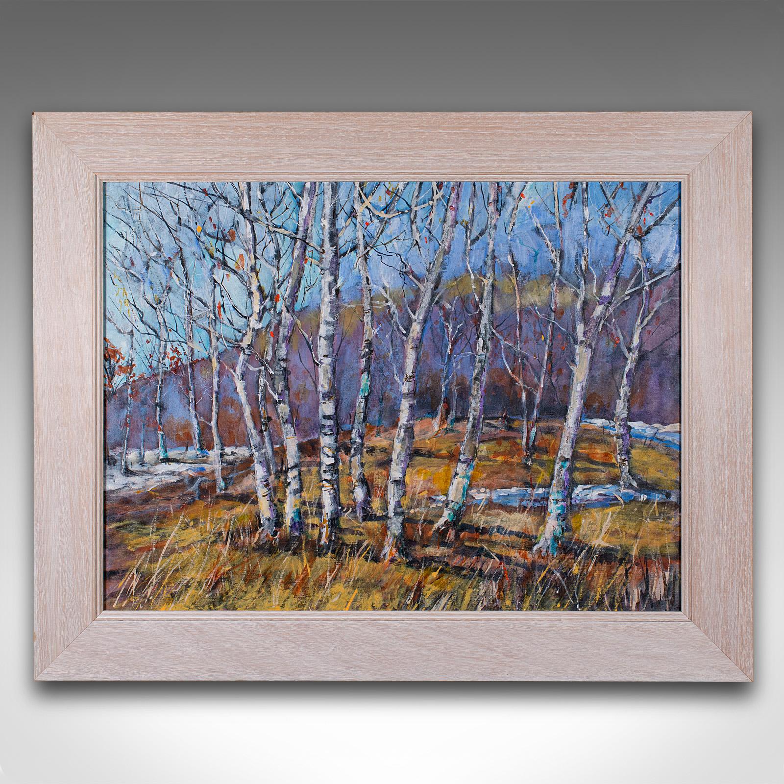 
Si tratta di un paesaggio contemporaneo incorniciato. Una scena di bosco inglese, olio su tela, di Mary Pelham.

Incantevole scena di bosco con betulle al volgere dell'inverno
Mostra una patina contemporanea e in buono stato di conservazione.
Olio